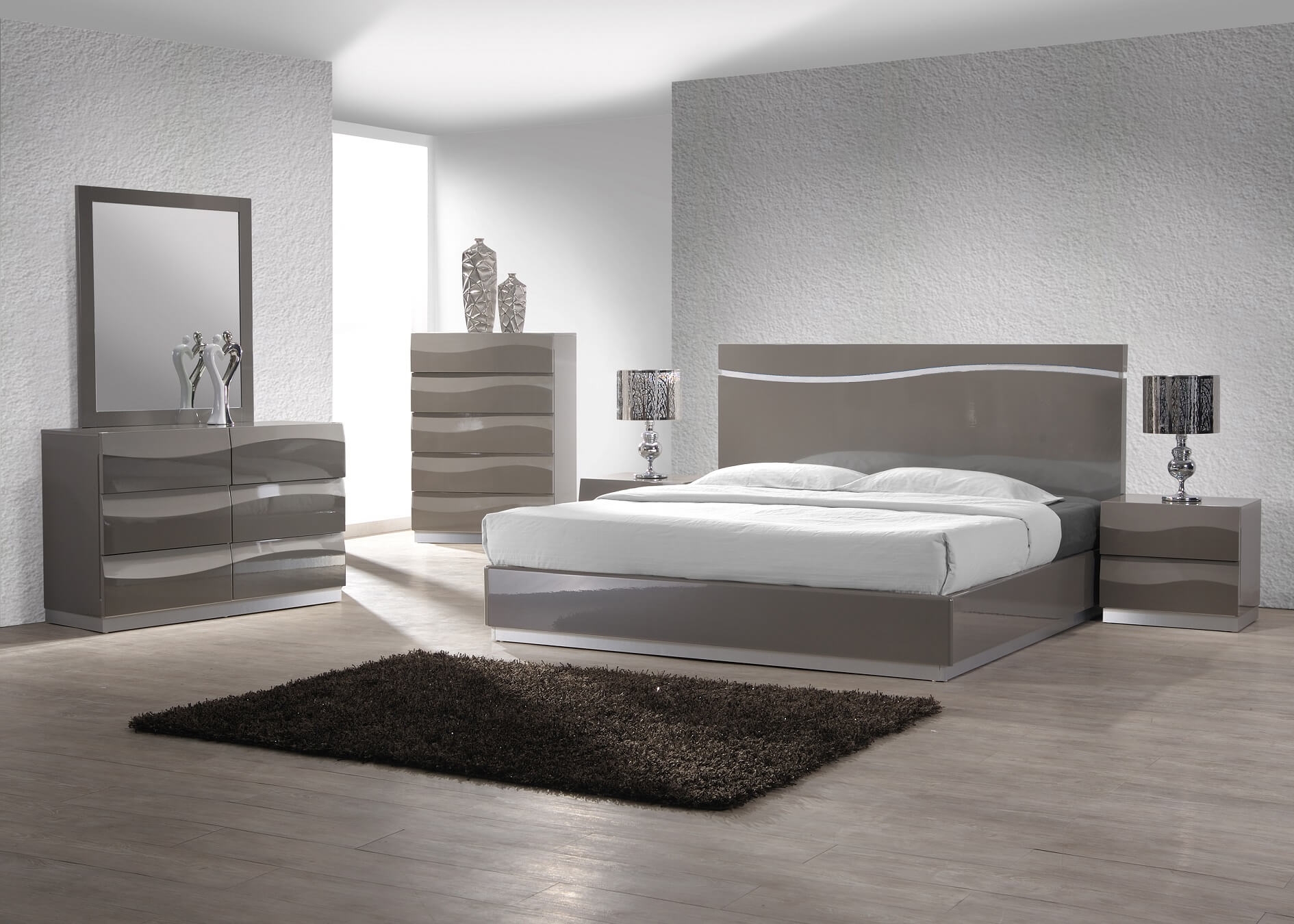 Milan Dayton Modern Wood Queen Bed with Wave Accents in Gloss Gray