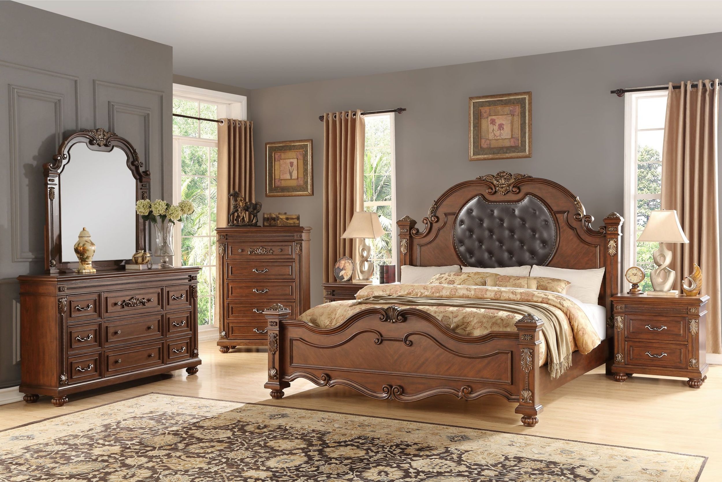 Destiny Bedroom Set Bed, Dresser, Mirror & Chest King Size Cherry