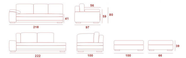 625 Italian Leather Sectional, Dimensions