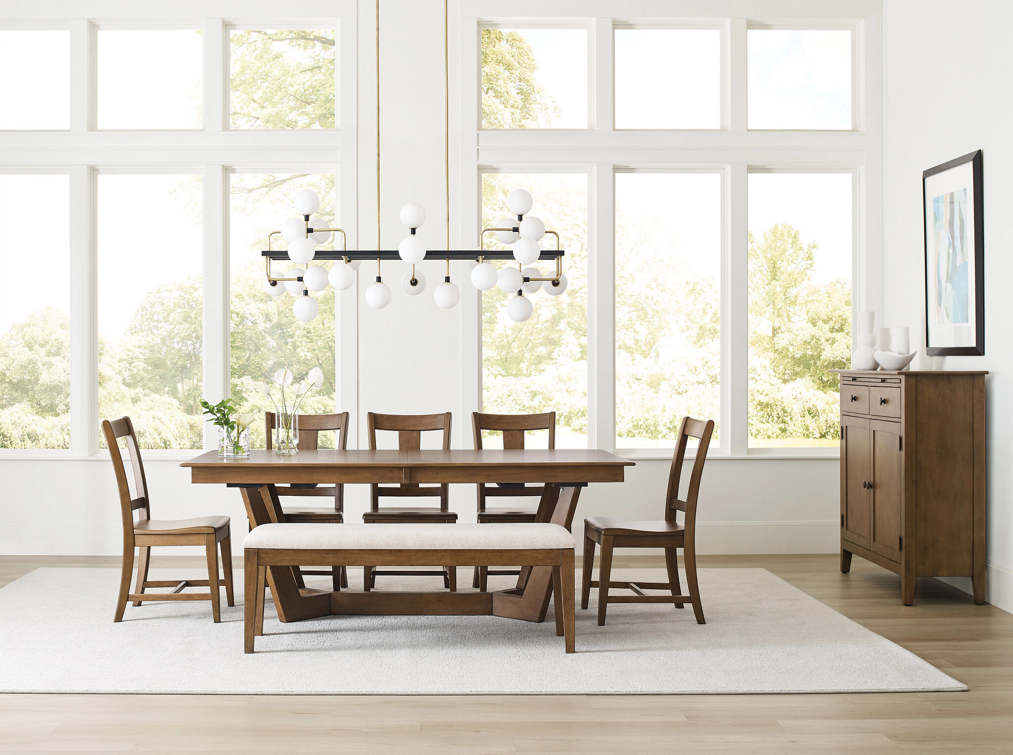 Kafe W80-inch Rectangular Wood Trestle Extendable Dining Room Set
