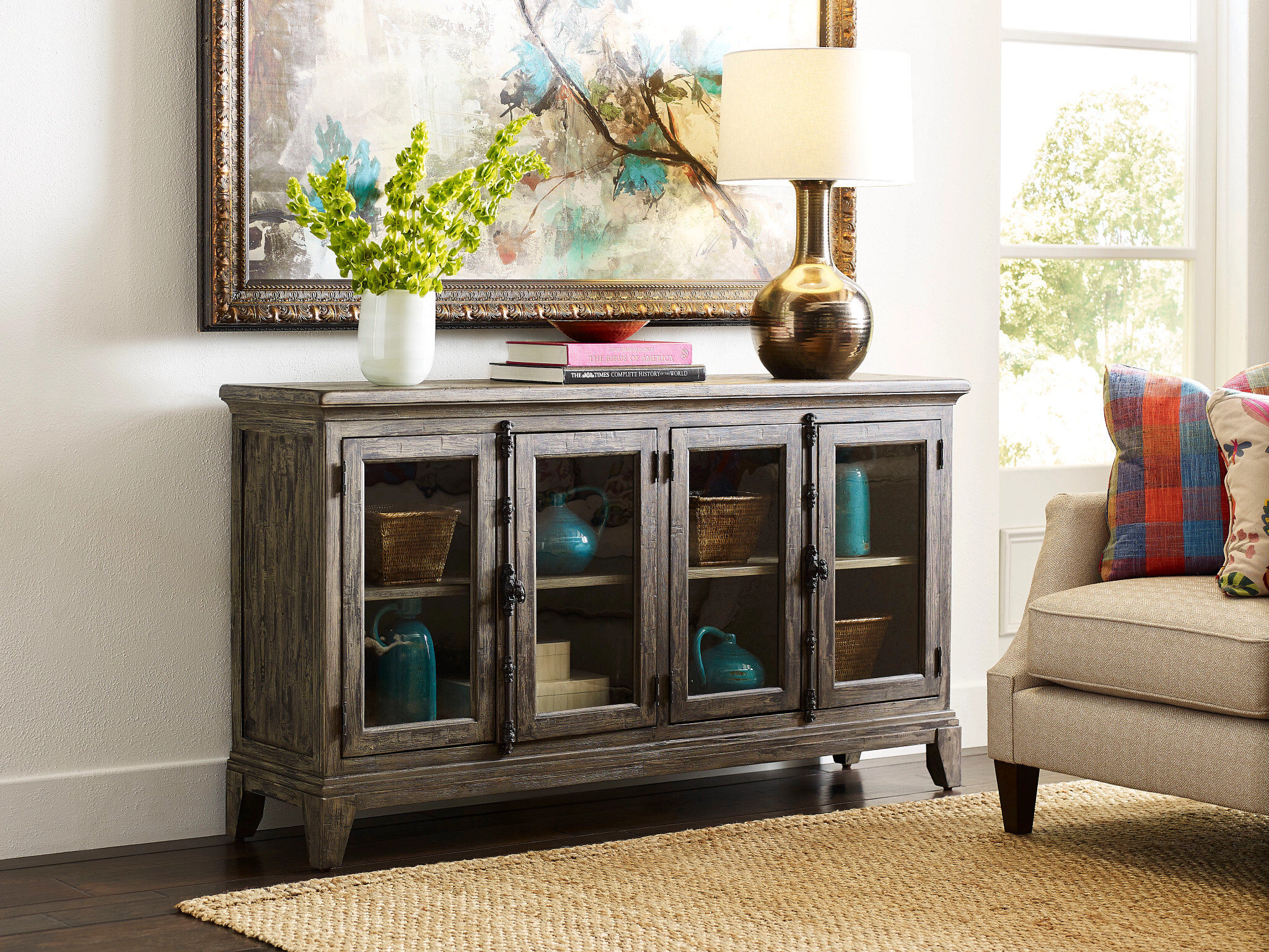 Acquisitions Alma Wood/Glass Accent Console w/4 Doors