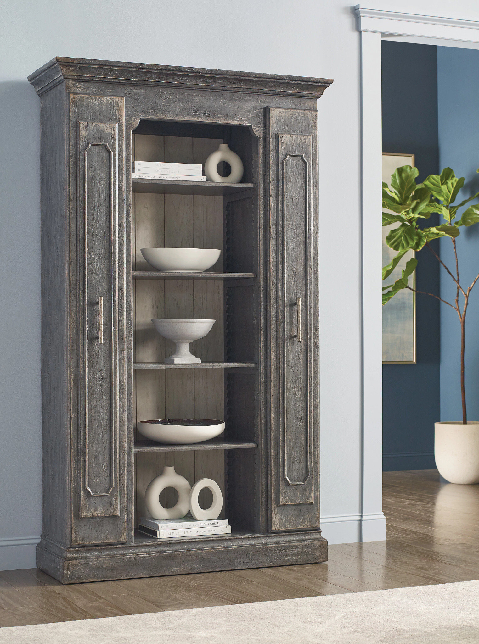 Hidden Treasures Esther Wood Bookcase Display w/5 Open Shelves & 2 Doors