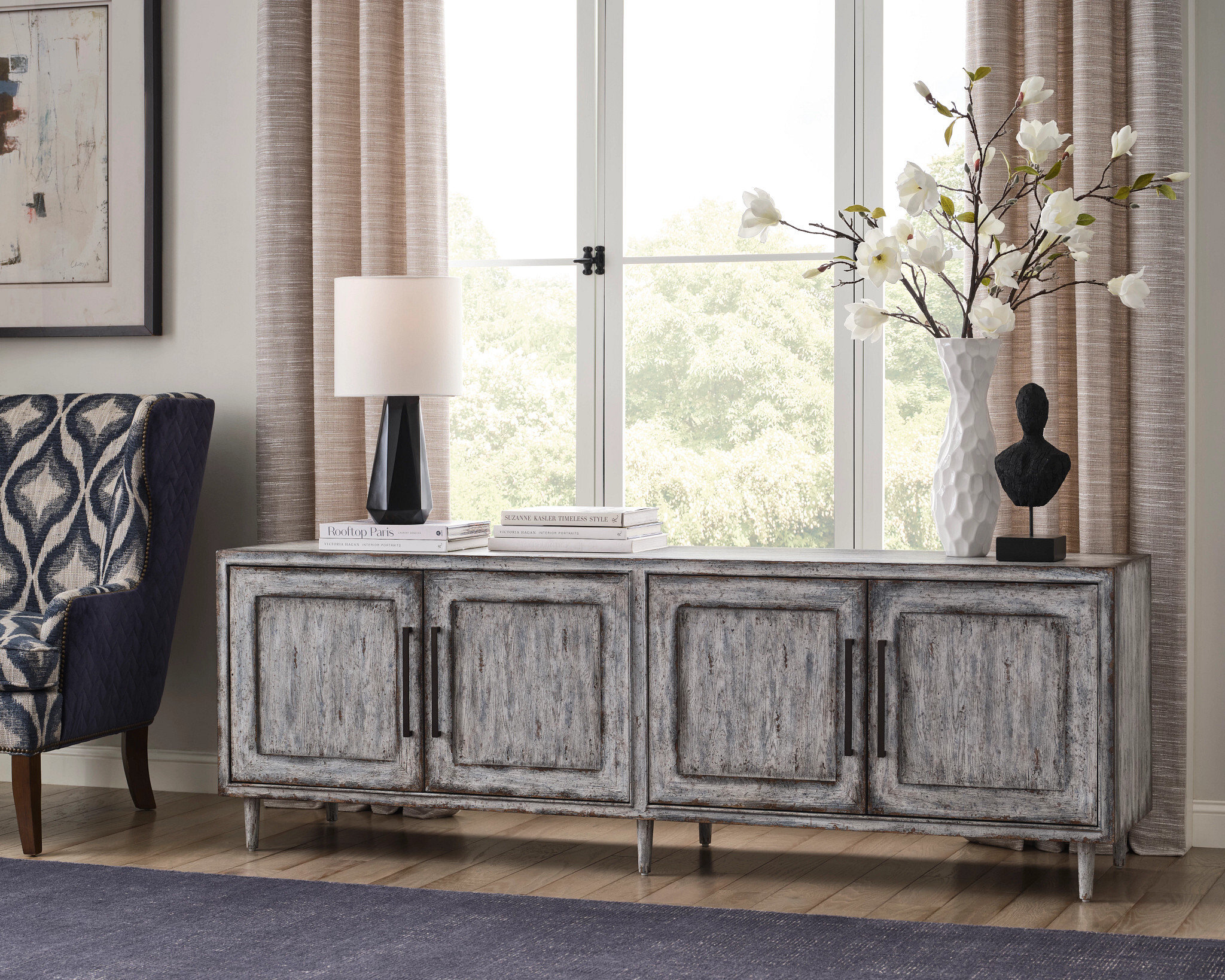 Hidden Treasures Wood Distressed Mod 4-Door Credenza