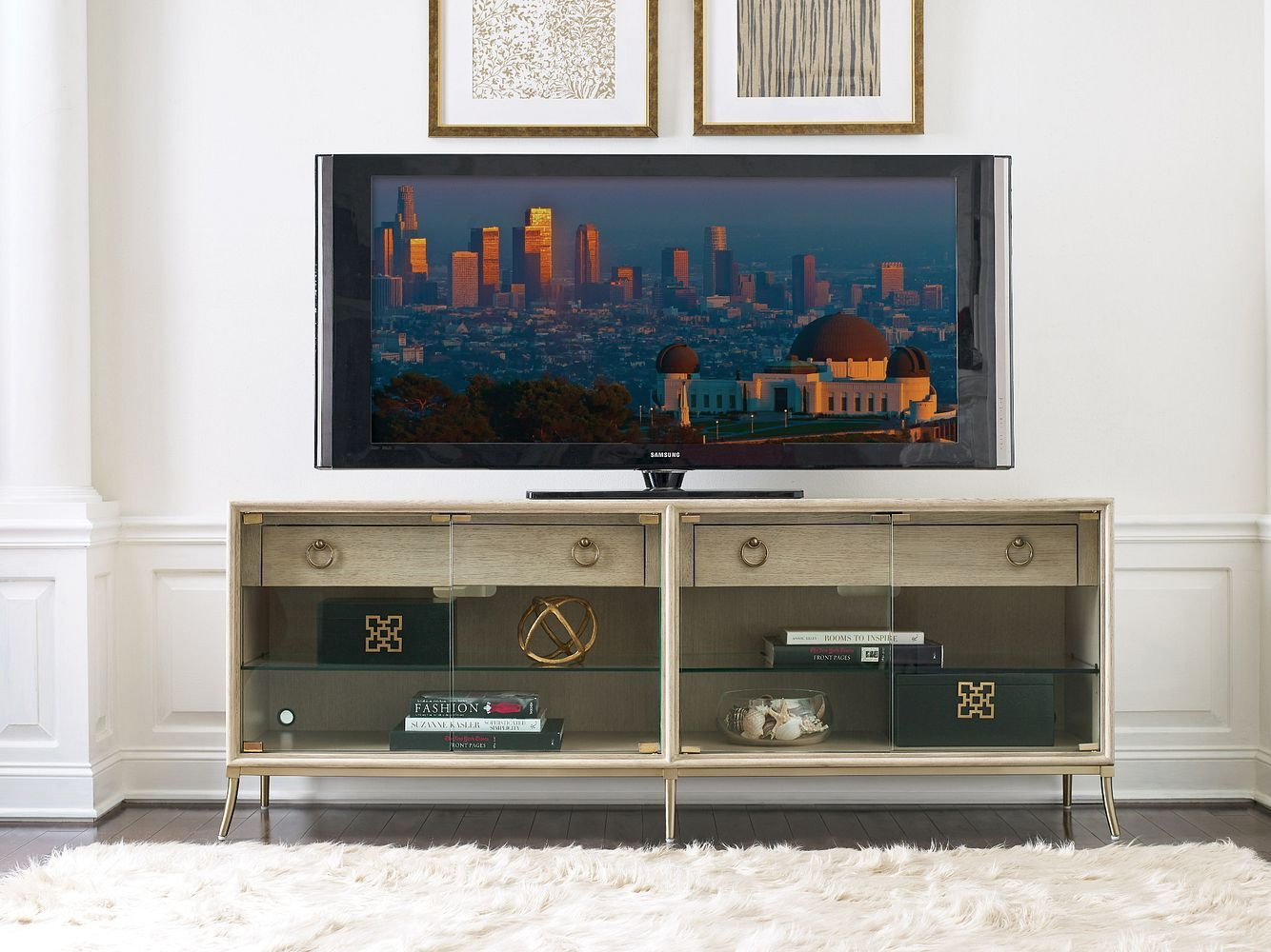Lenox Corsica Wood/Metal Entertainment Console w/4 Glass Doors & 2 Drawers