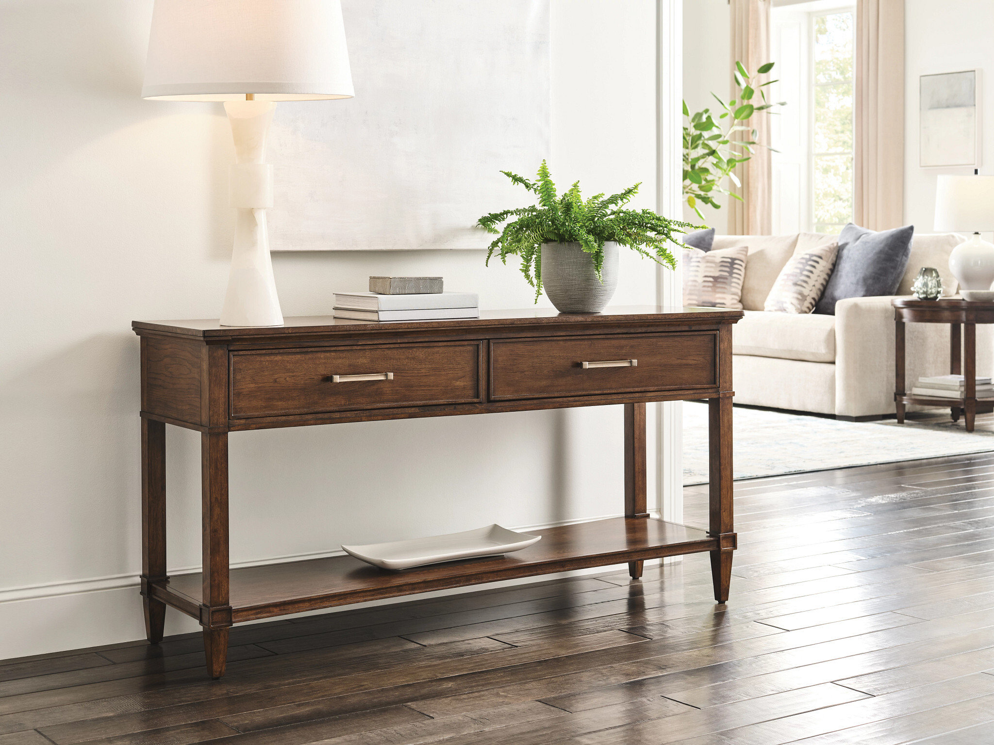 Transitional 2-Drawer Console Table with Lower Shelf