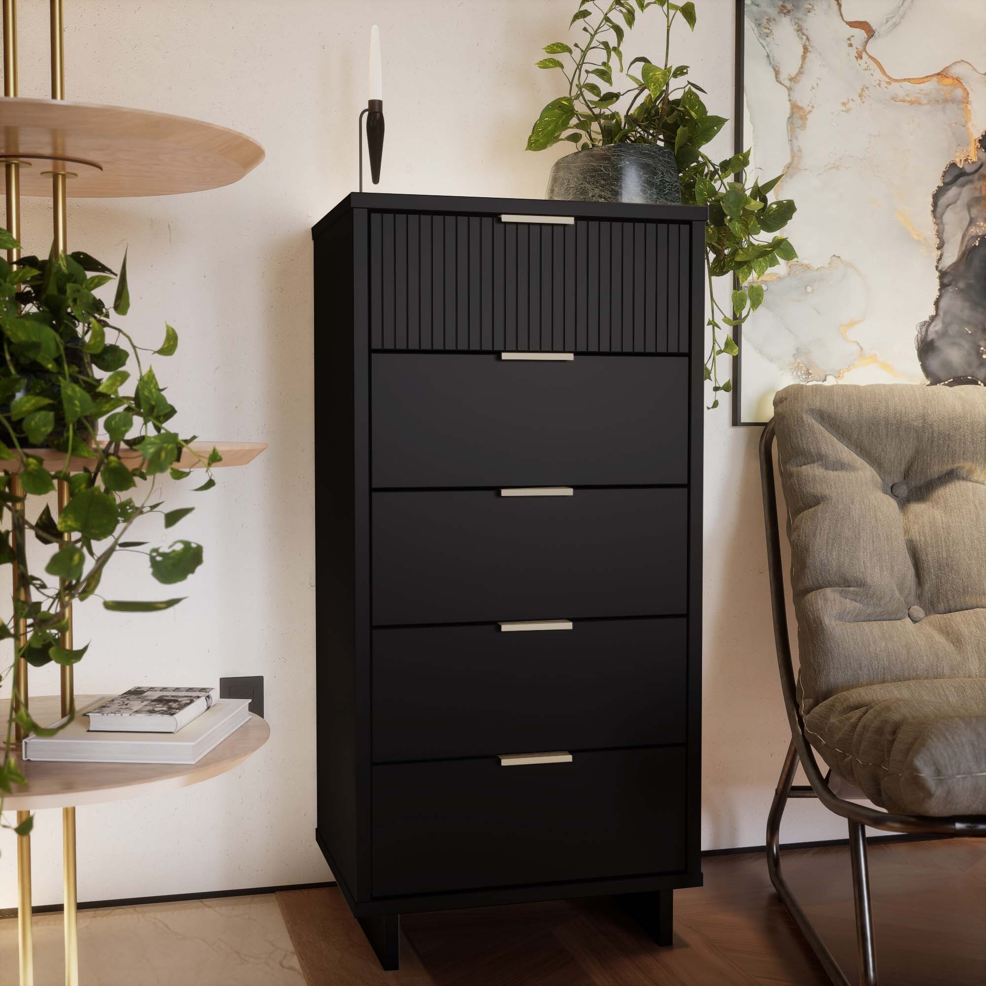 Granville W23.62-inch Tall Narrow Wood Dresser w/5 Full Extension Drawers