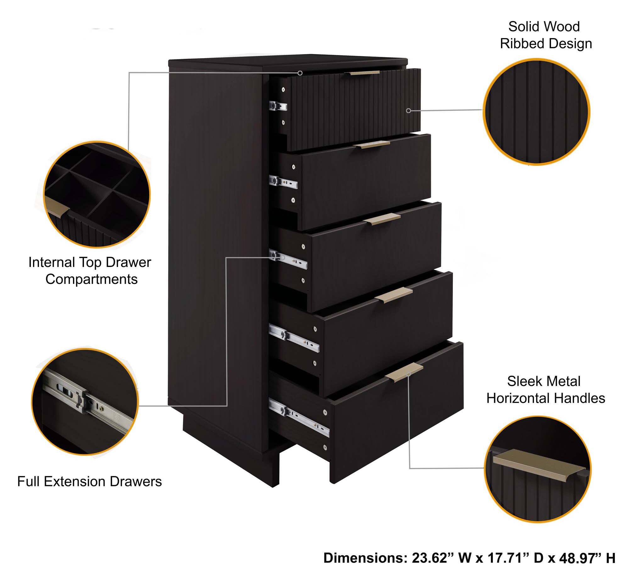 Granville W23.62-inch Tall Narrow Wood Dresser w/5 Full Extension Drawers