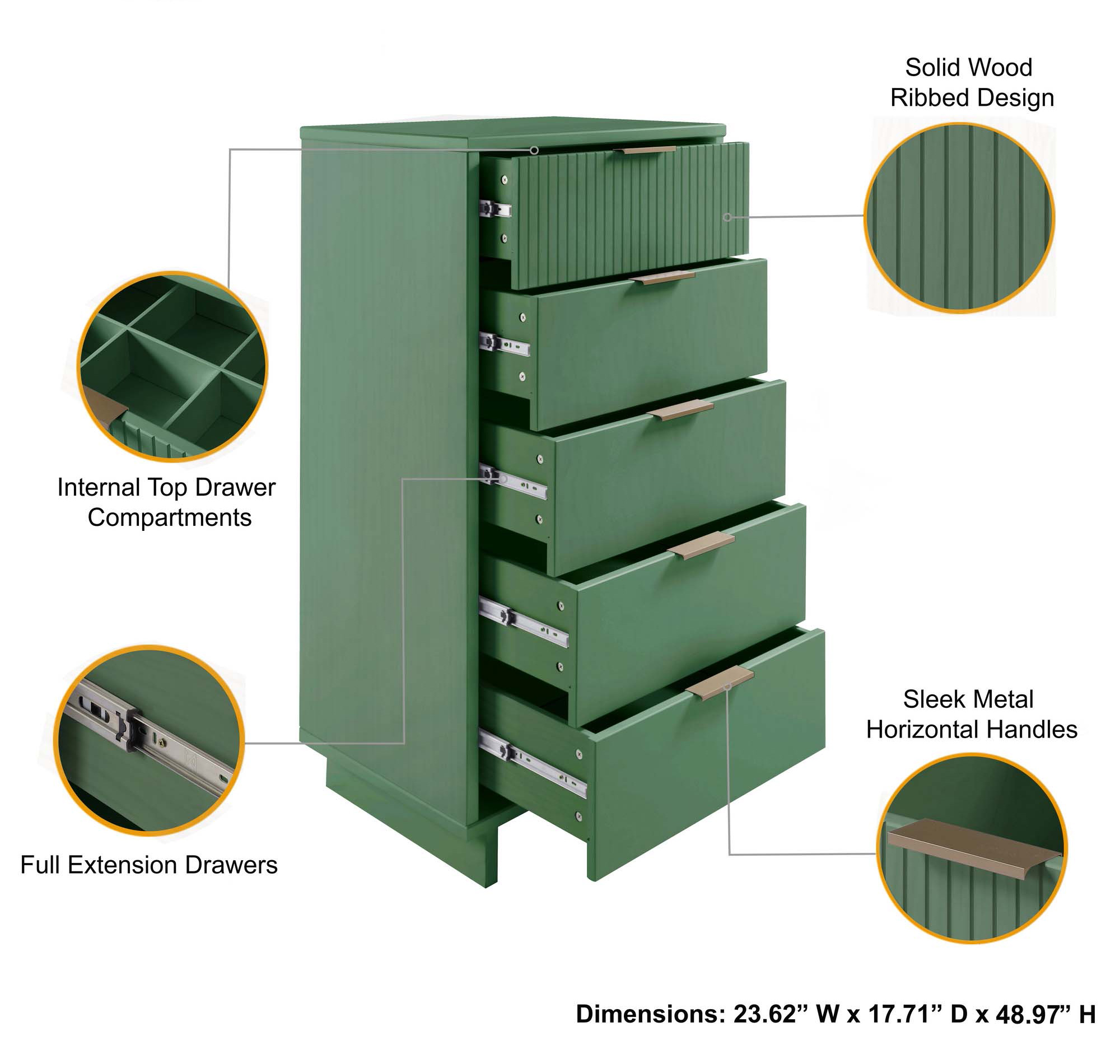Granville W23.62-inch Tall Narrow Wood Dresser w/5 Full Extension Drawers