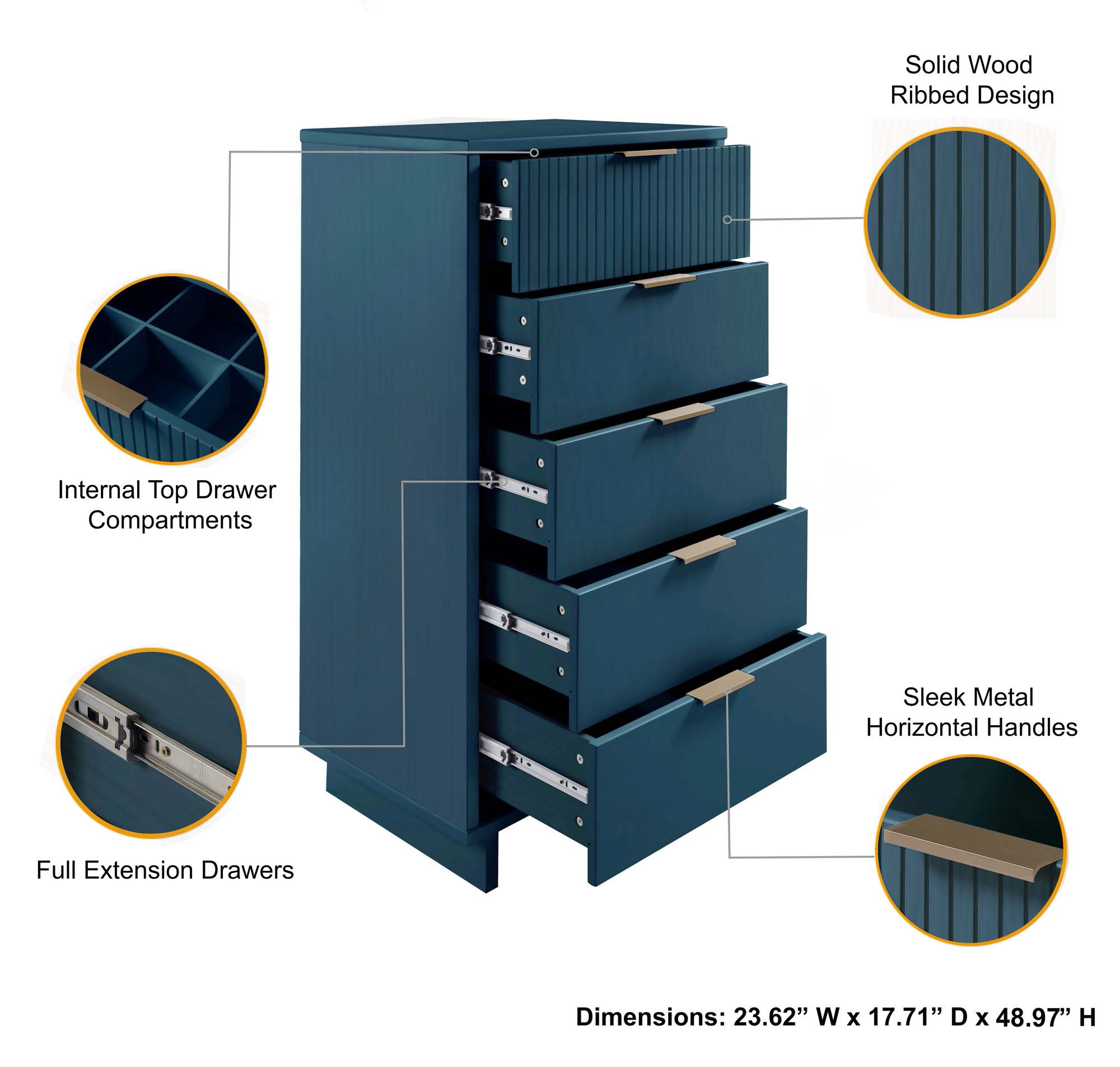 Granville W23.62-inch Tall Narrow Wood Dresser w/5 Full Extension Drawers