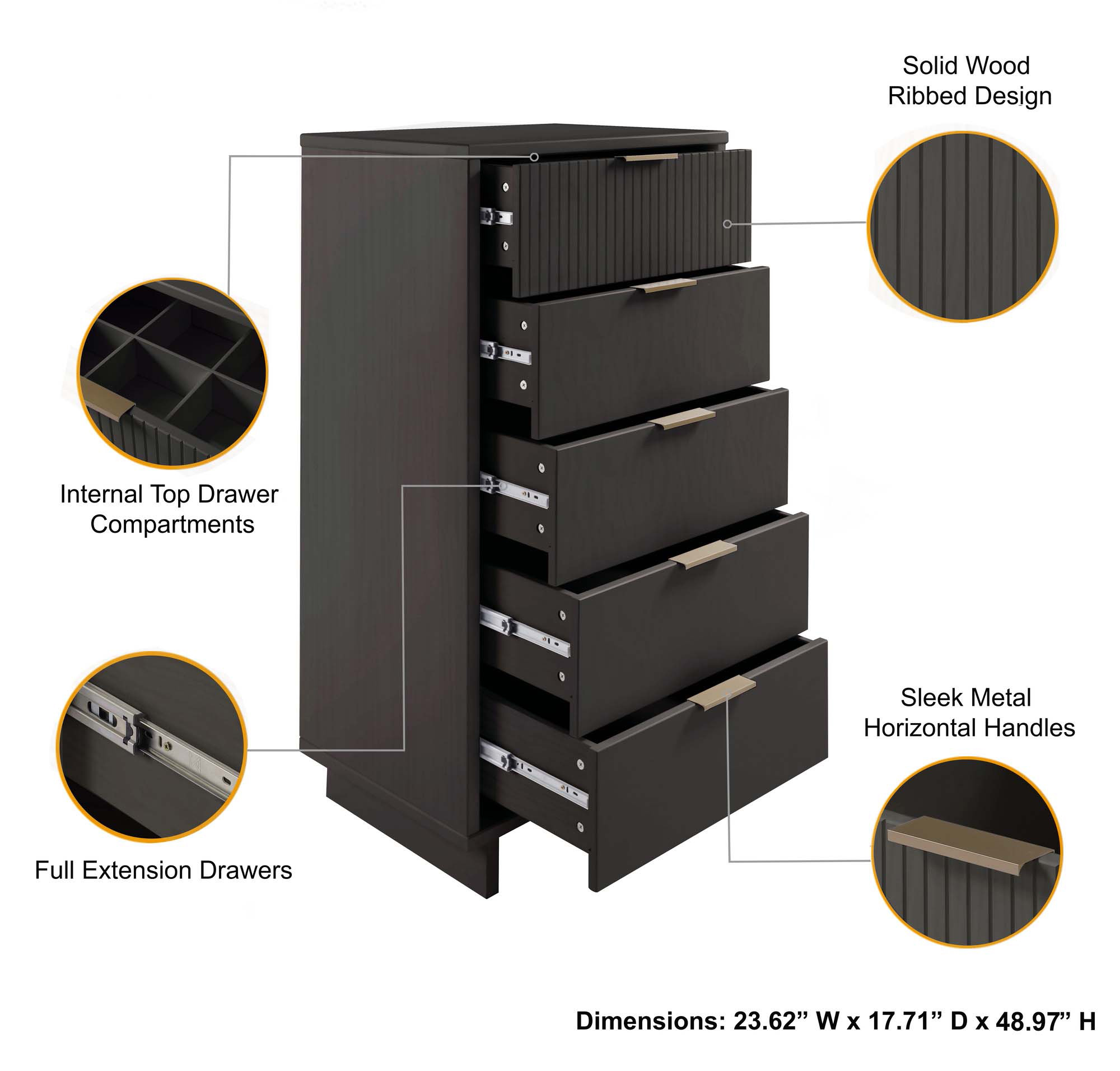 Granville W23.62-inch Tall Narrow Wood Dresser w/5 Full Extension Drawers