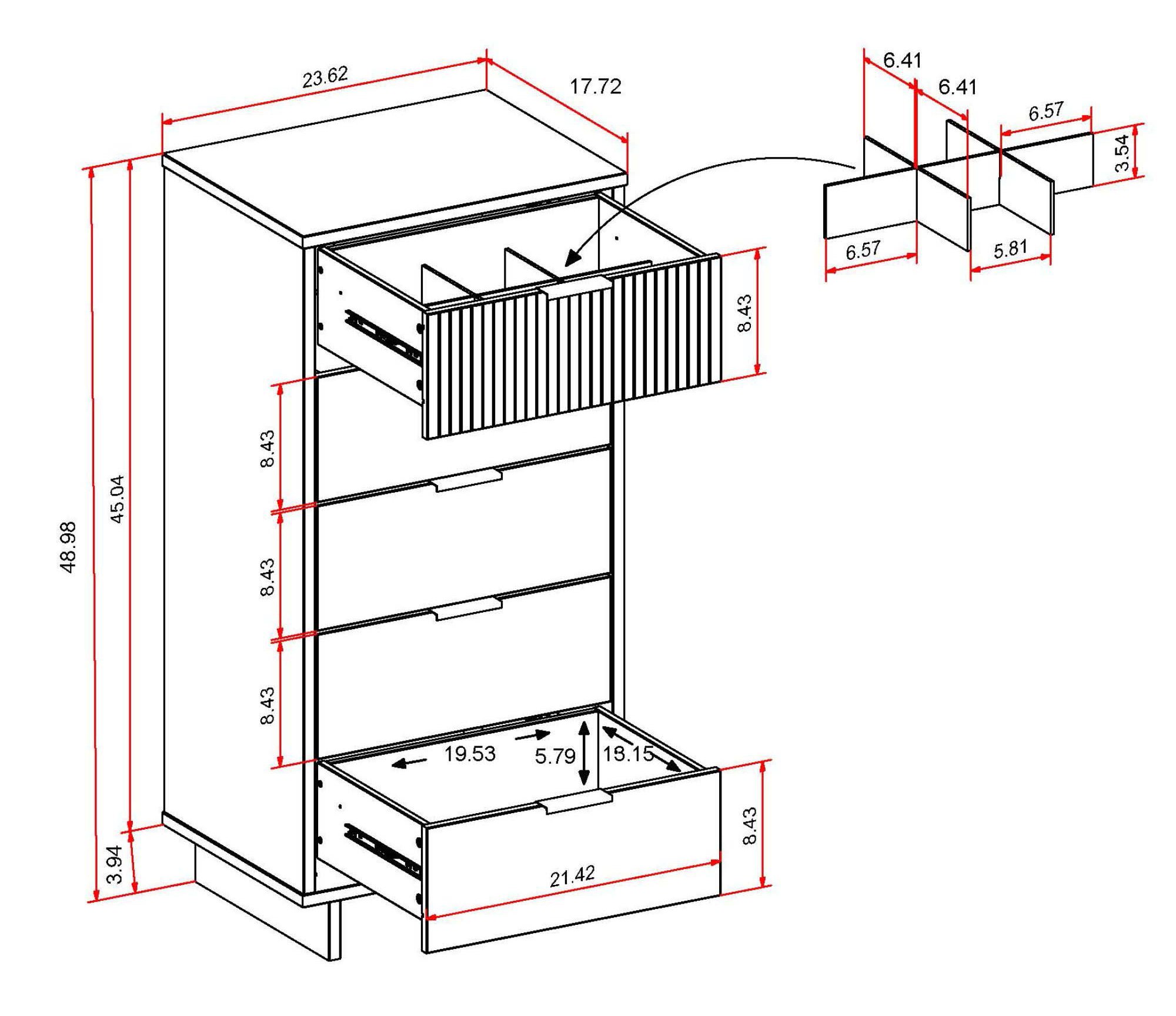 Granville W23.62-inch Tall Narrow Wood Dresser w/5 Full Extension Drawers