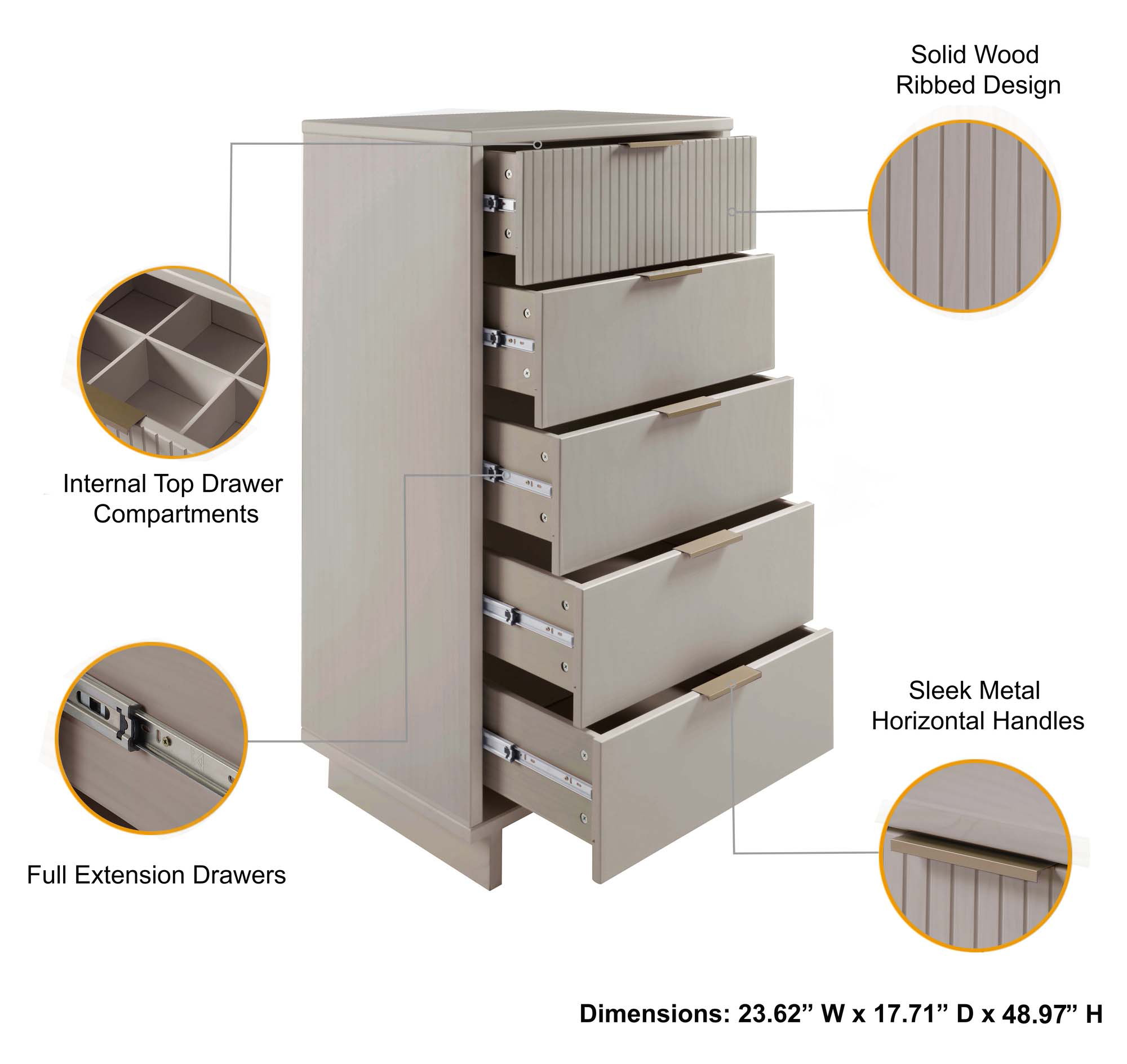 Granville W23.62-inch Tall Narrow Wood Dresser w/5 Full Extension Drawers