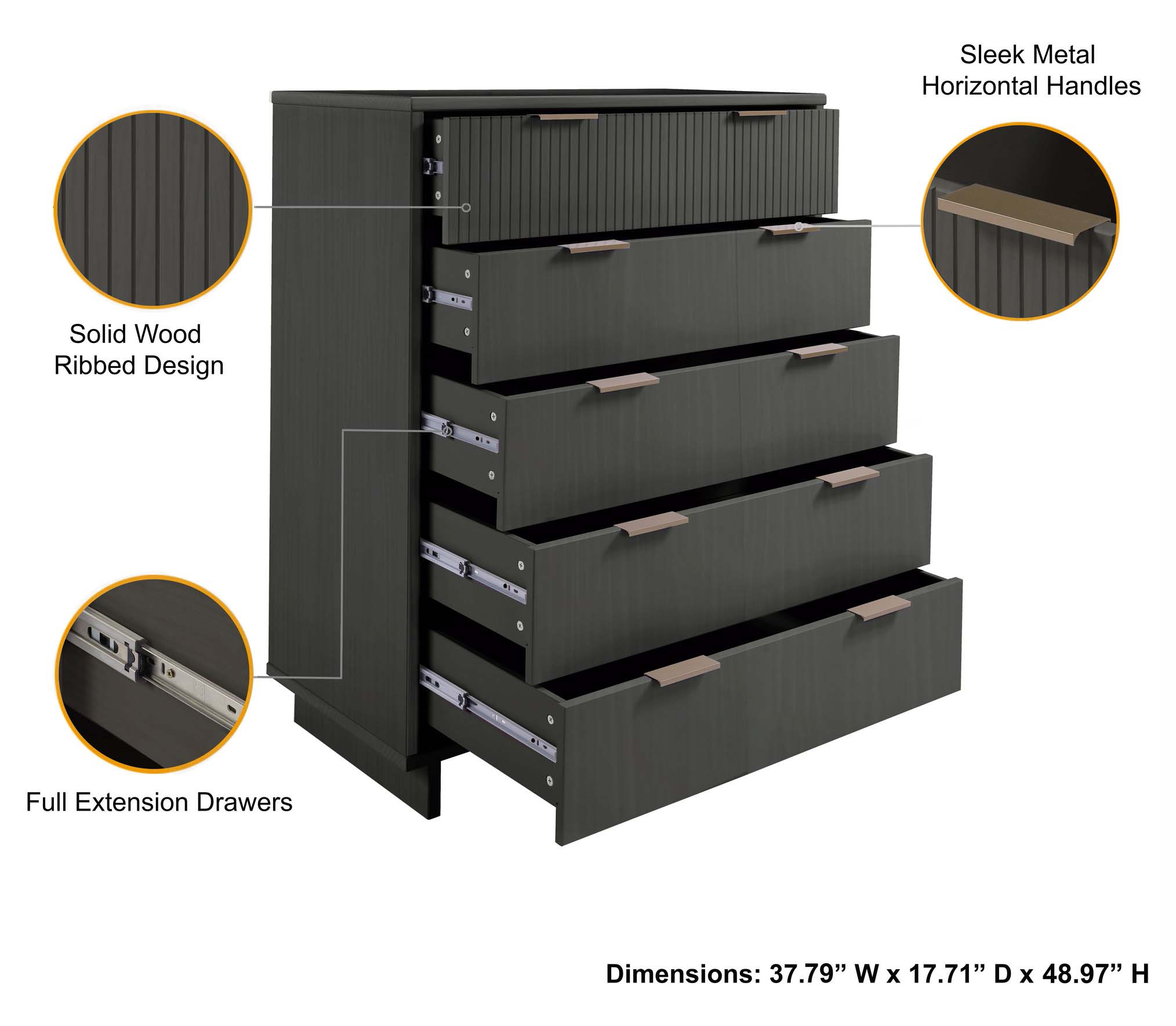 Granville 45.27-inch Tall Wood Dresser w/5 Full Extension Drawers
