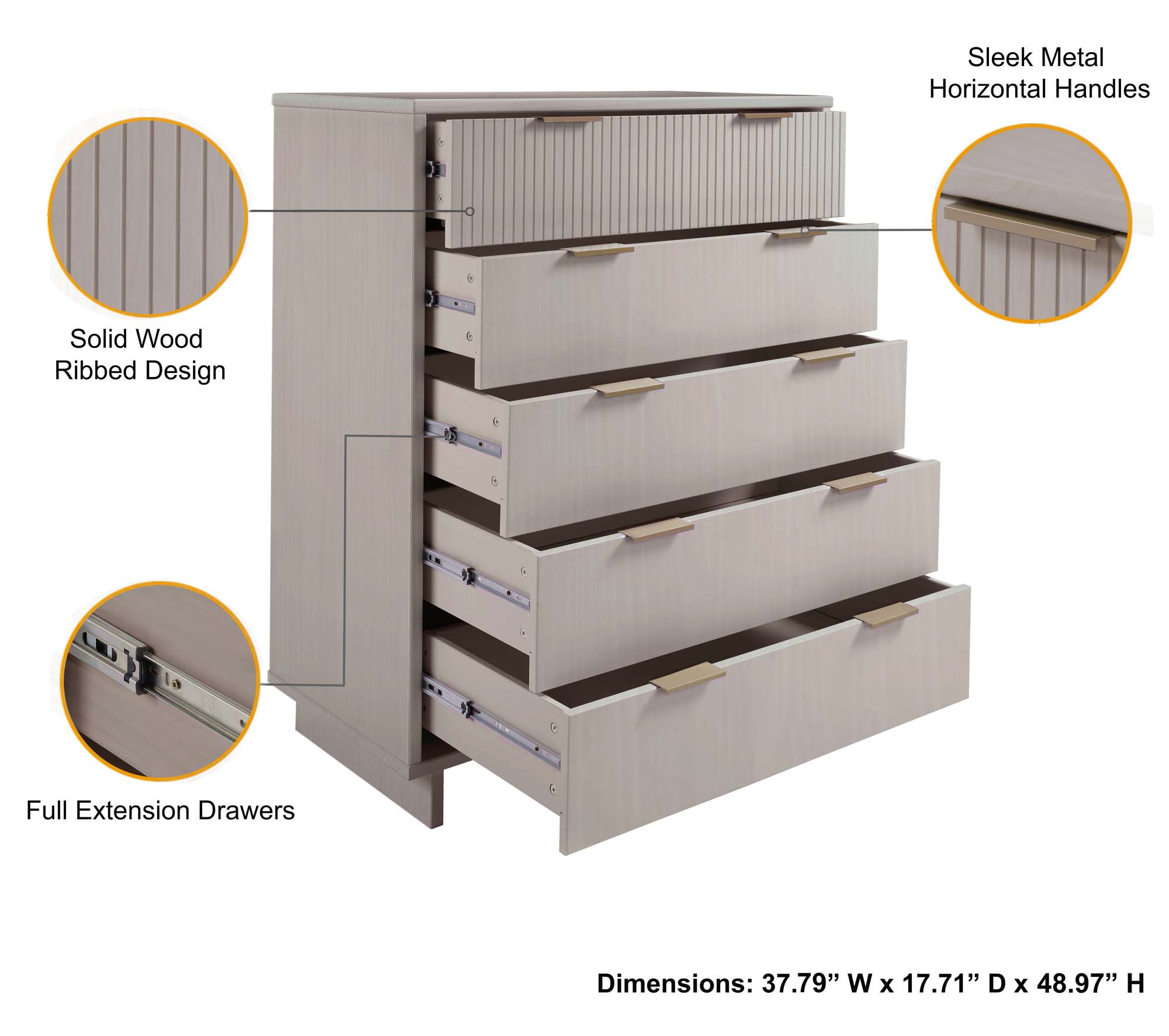 Granville 45.27-inch Tall Wood Dresser w/5 Full Extension Drawers