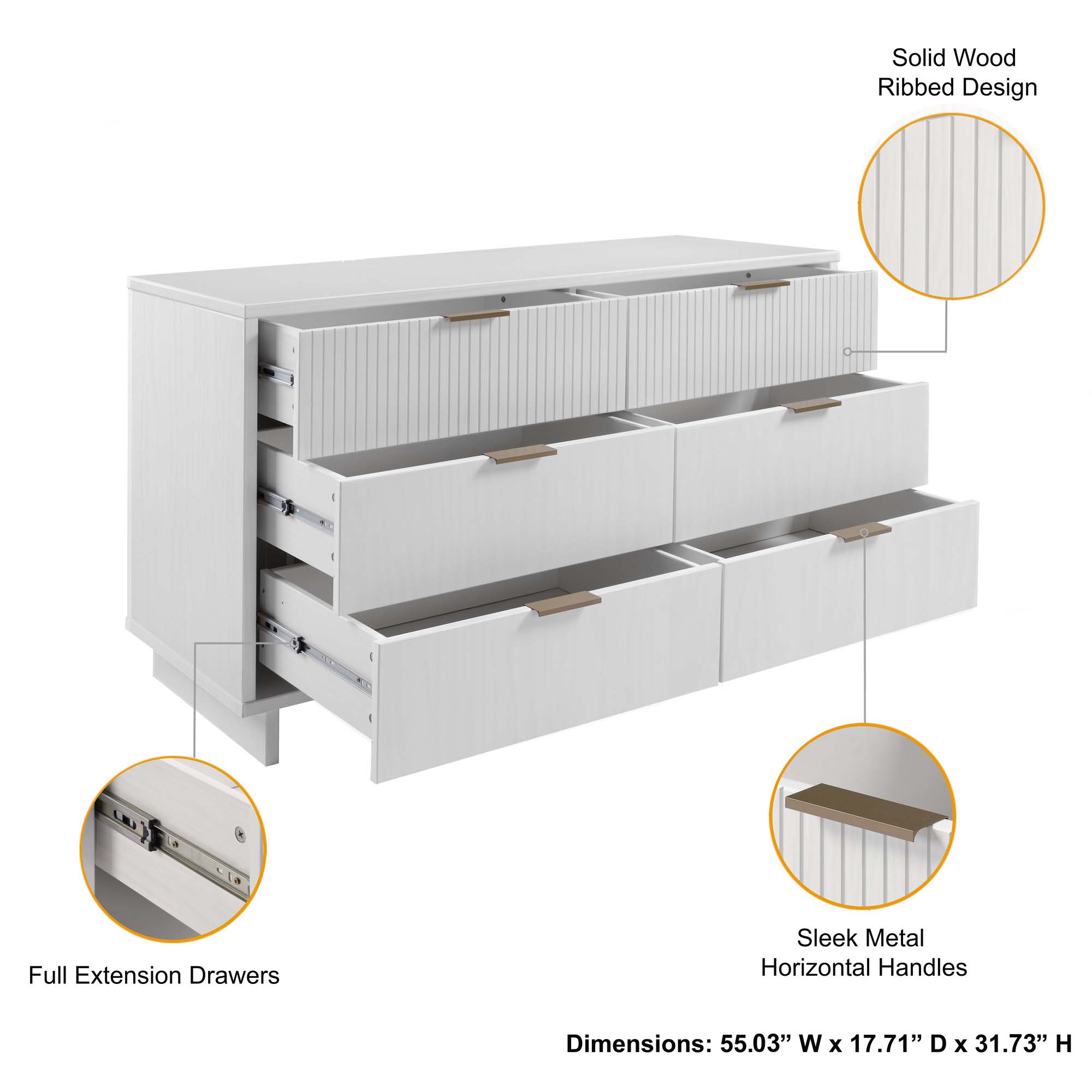 Granville 55.07-inch Wide Wood Double Dresser w/6 Full Extension Drawers
