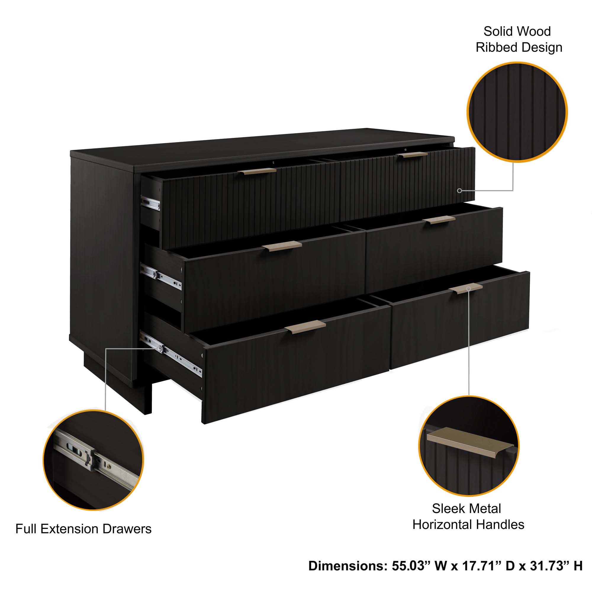 Granville 55.07-inch Wide Wood Double Dresser w/6 Full Extension Drawers