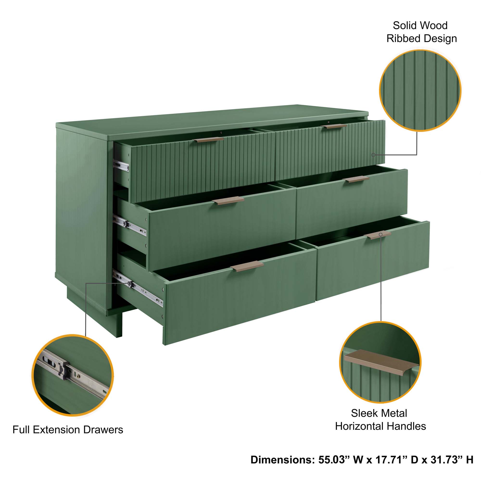 Granville 55.07-inch Wide Wood Double Dresser w/6 Full Extension Drawers