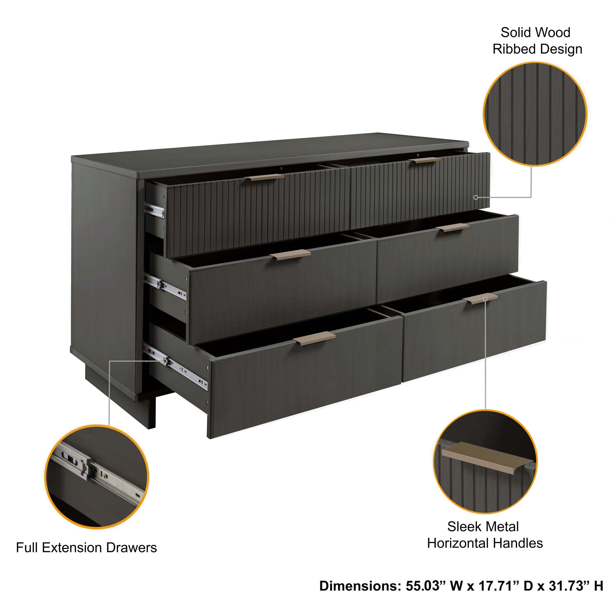 Granville 55.07-inch Wide Wood Double Dresser w/6 Full Extension Drawers
