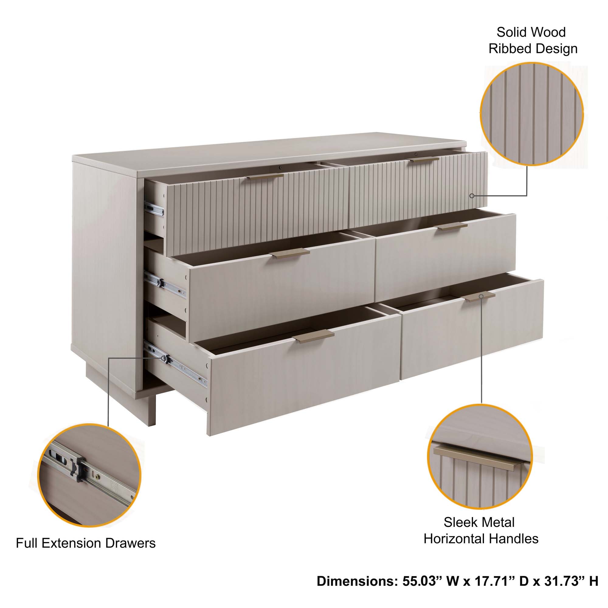 Granville 55.07-inch Wide Wood Double Dresser w/6 Full Extension Drawers