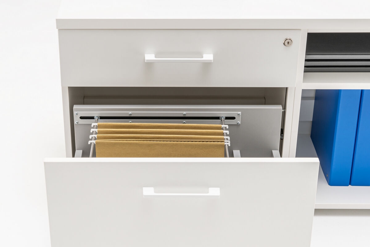 Standard Office Managerial Cabinet w/3 Drawers, 2 Open Shelves & Grommet