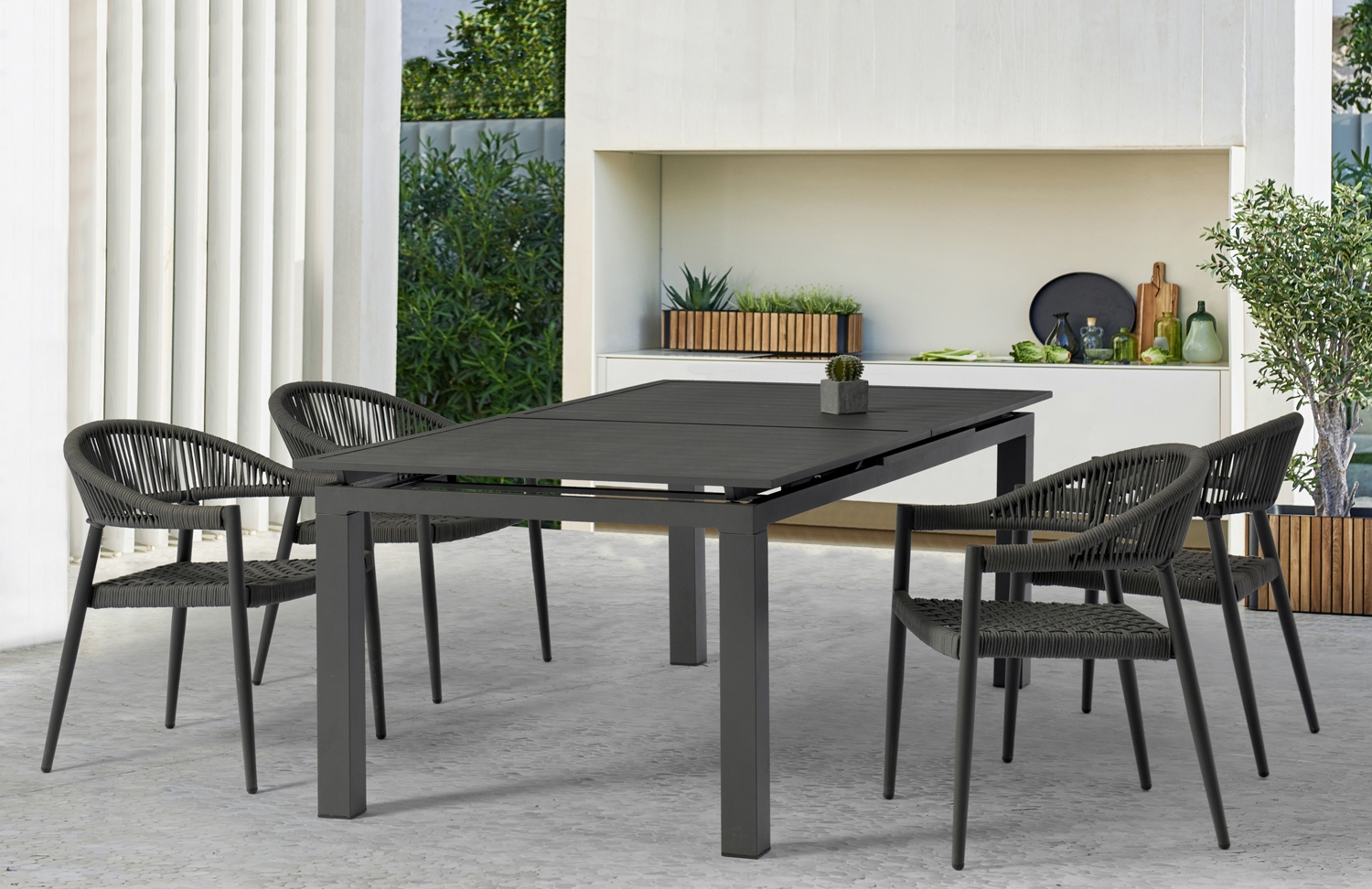 Alum Outdoor Extendable Dining Set w/Leyla Armchairs