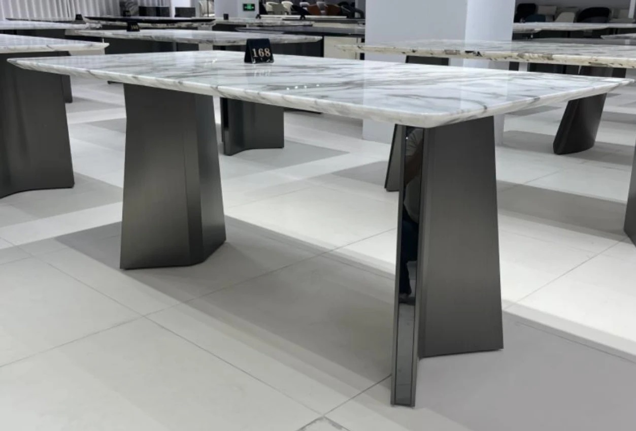 6222 W71" Rectangular Luxury Marble/Metal Dining Table with V-Shaped Legs