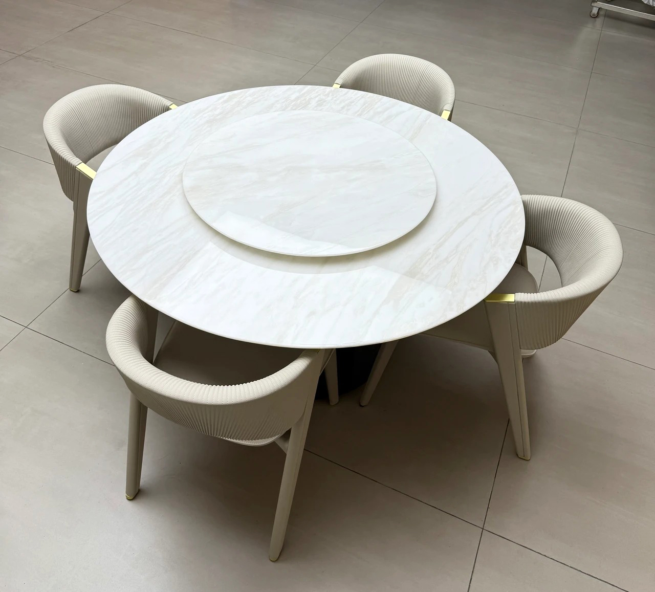 S890 Round Luxury Marble Dining Table with Sculpted Center Base