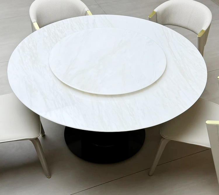 S890 W59" Round Luxury Marble Dining Table with Sculpted Center Base