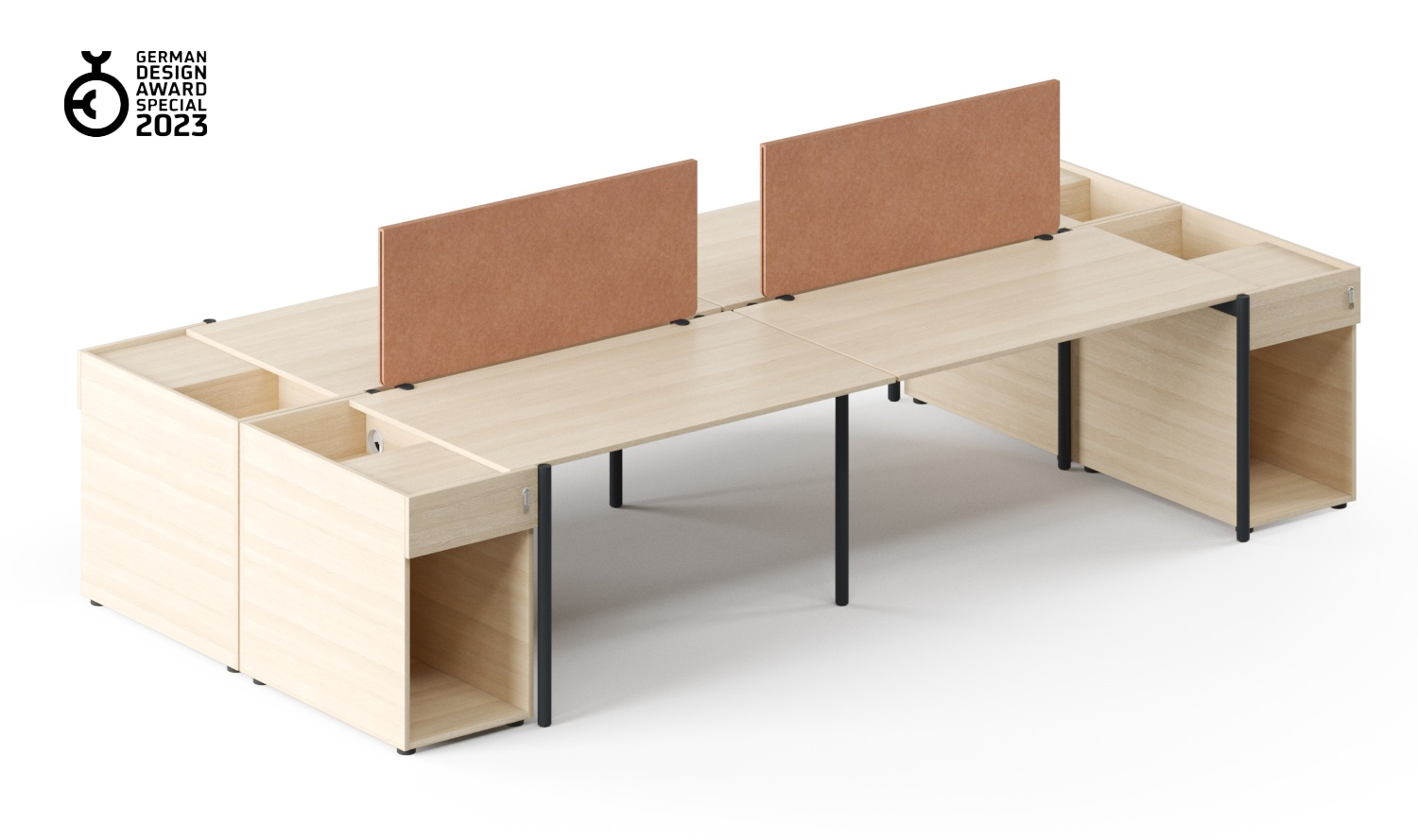 NARBUTAS Zedo 4-Desk Bench Workstation w/4 Pedestals & 2 Screens