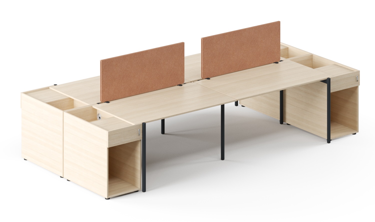 Zedo 4-Desk Bench Office Workstation w/4 Pedestals & 2 Screens
