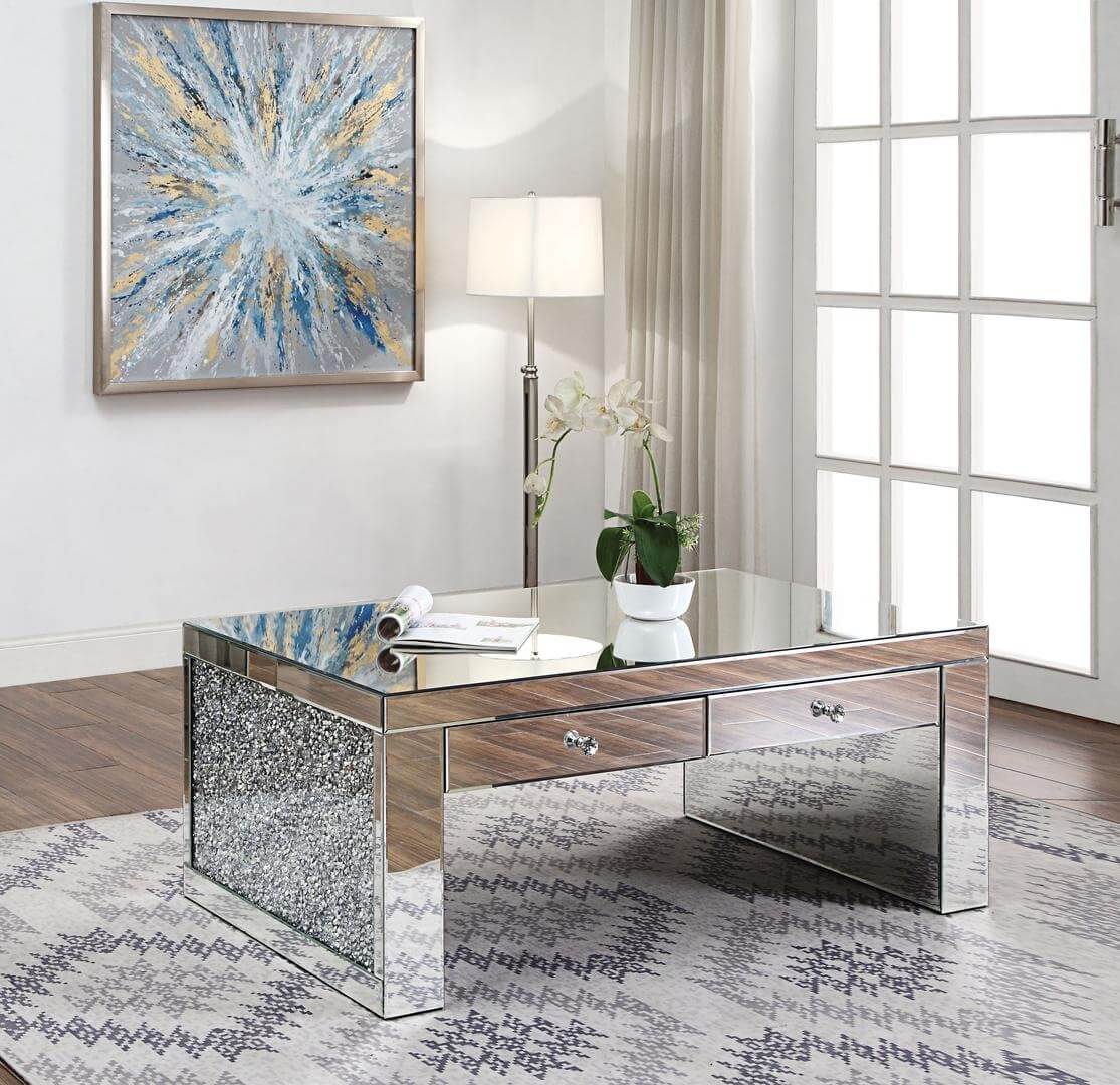 Noralie Mirrored/Faux Diamonds Rectangular Coffee Table w/2 Drawers