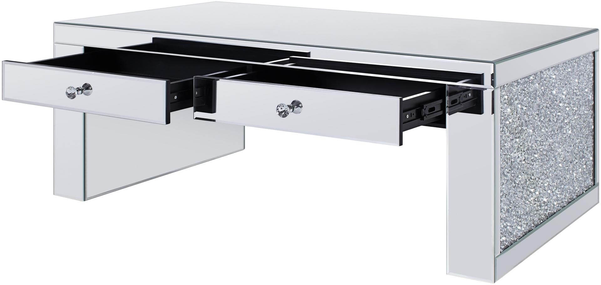 Noralie Mirrored/Faux Diamonds Rectangular Coffee Table w/2 Drawers