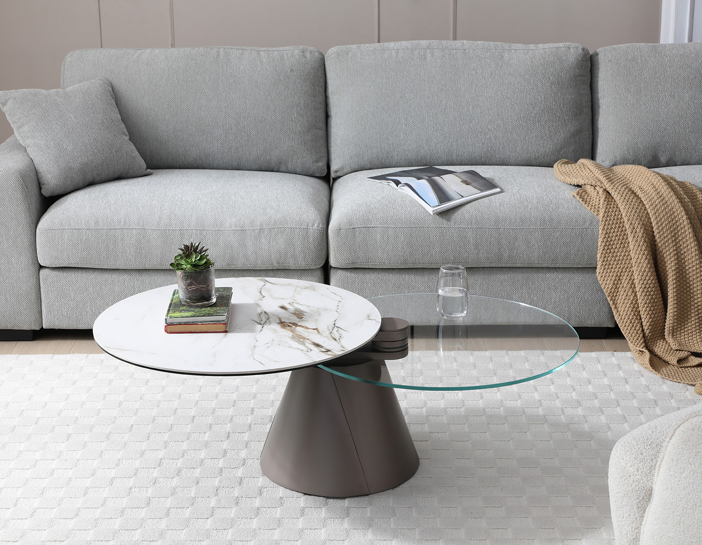 Eclipse Glass/Marble Dual Swivel Top Coffee Table