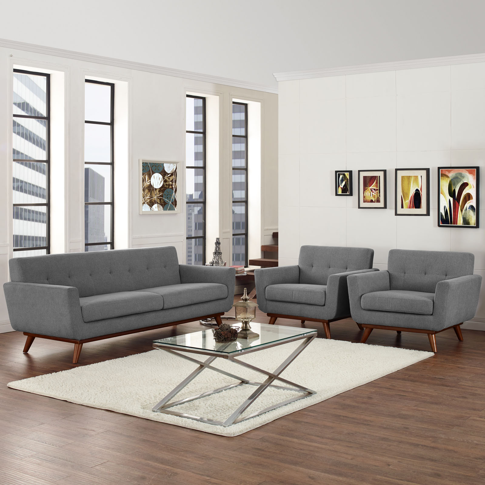 Engage Tufted Fabric Armchairs & Sofa (Set of 3)
