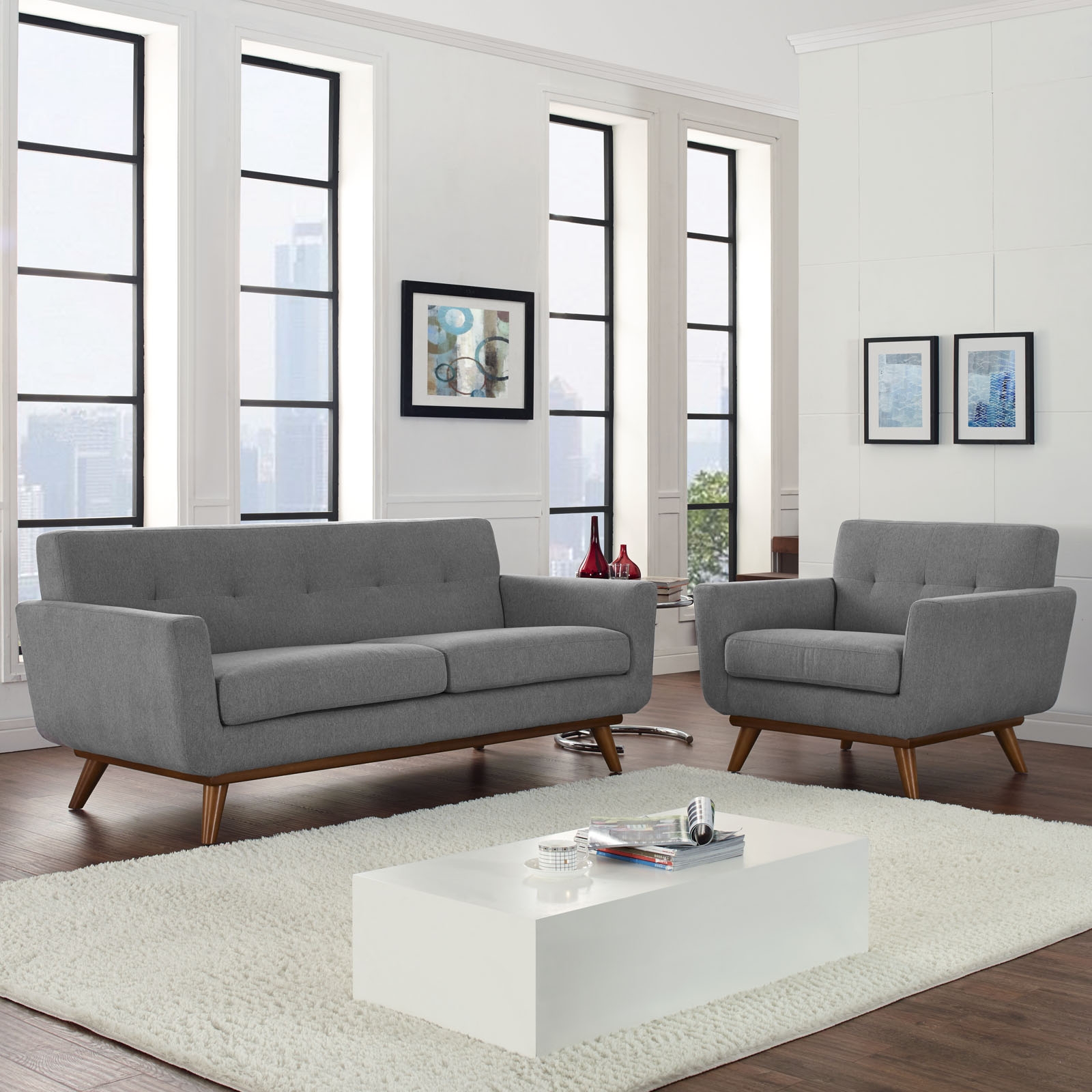 Engage Tufted Fabric Armchair & Loveseat (Set of 2)