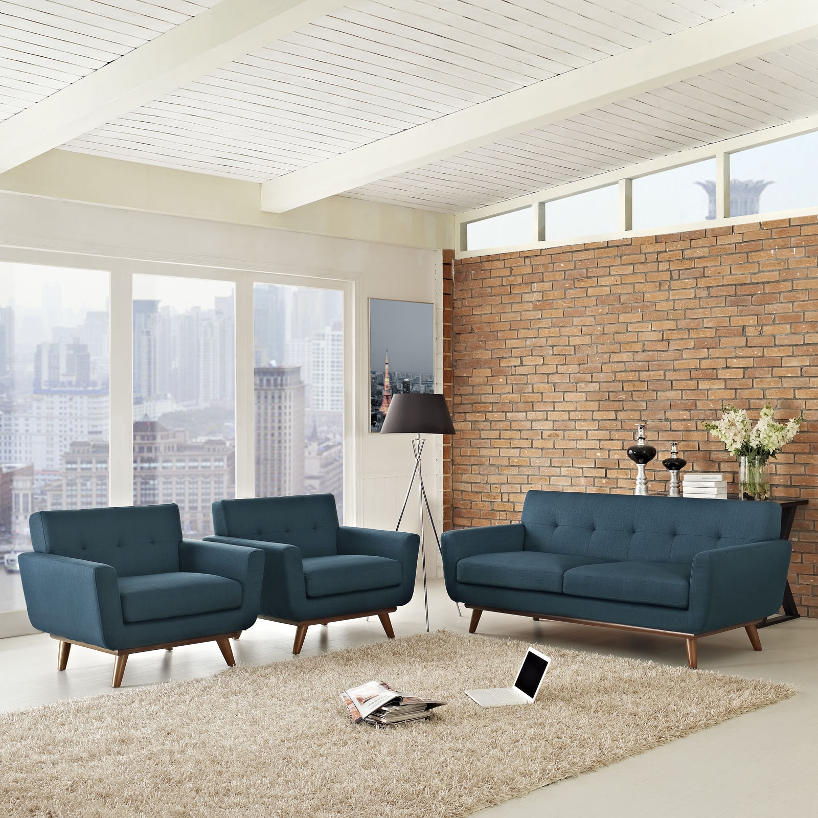 Engage Tufted Fabric Armchairs & Loveseat (Set of 3)