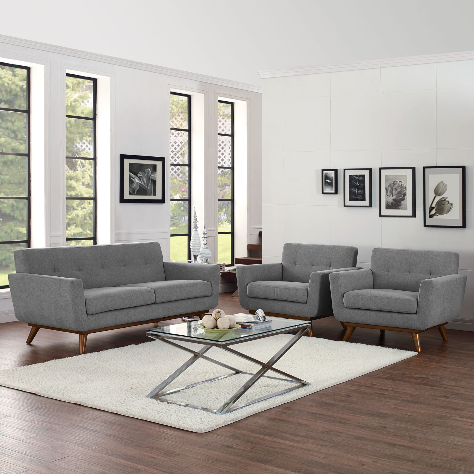 Engage Tufted Fabric Armchairs & Loveseat (Set of 3)