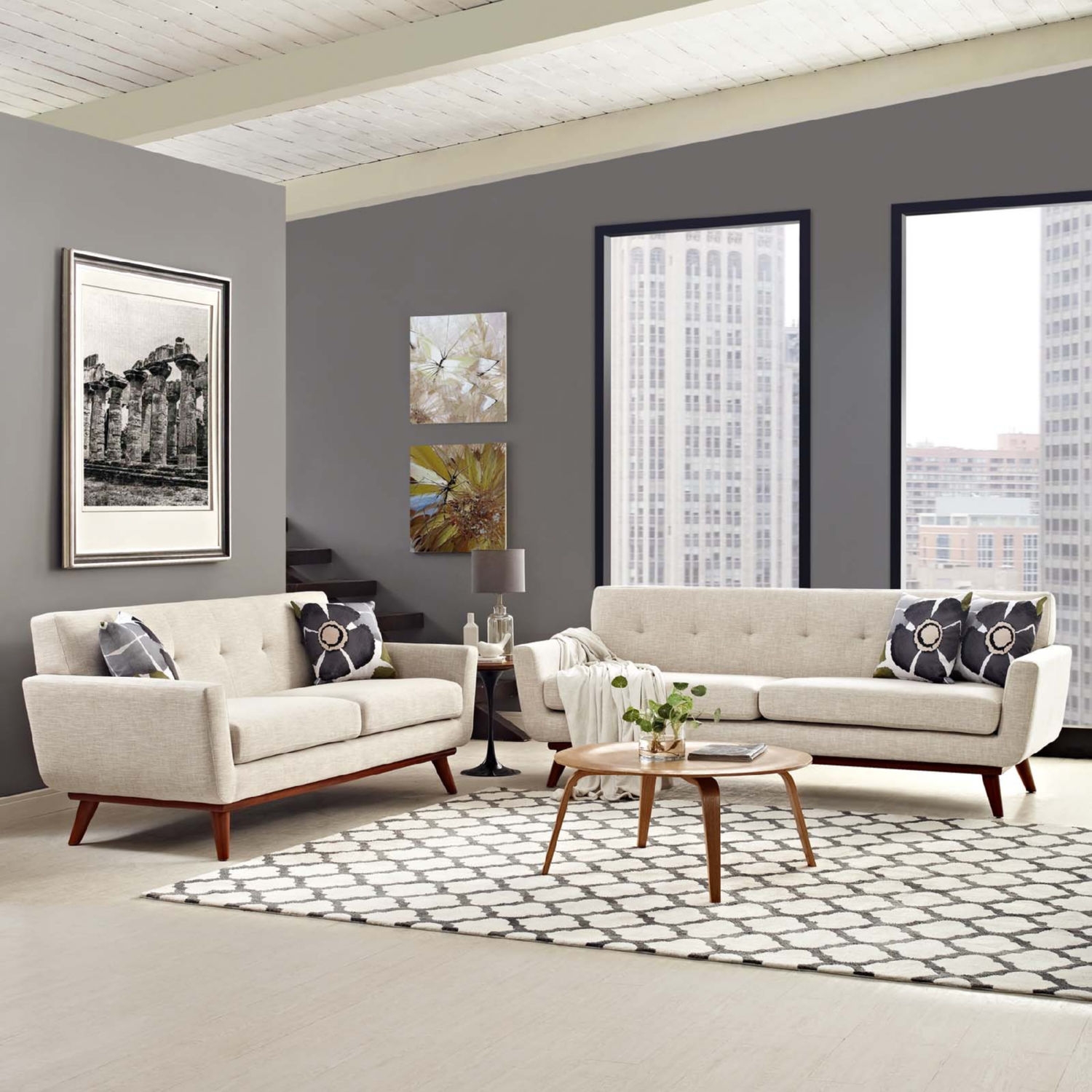 Engage Tufted Fabric Loveseat and Sofa (Set of 2), Beige by Modway Furniture