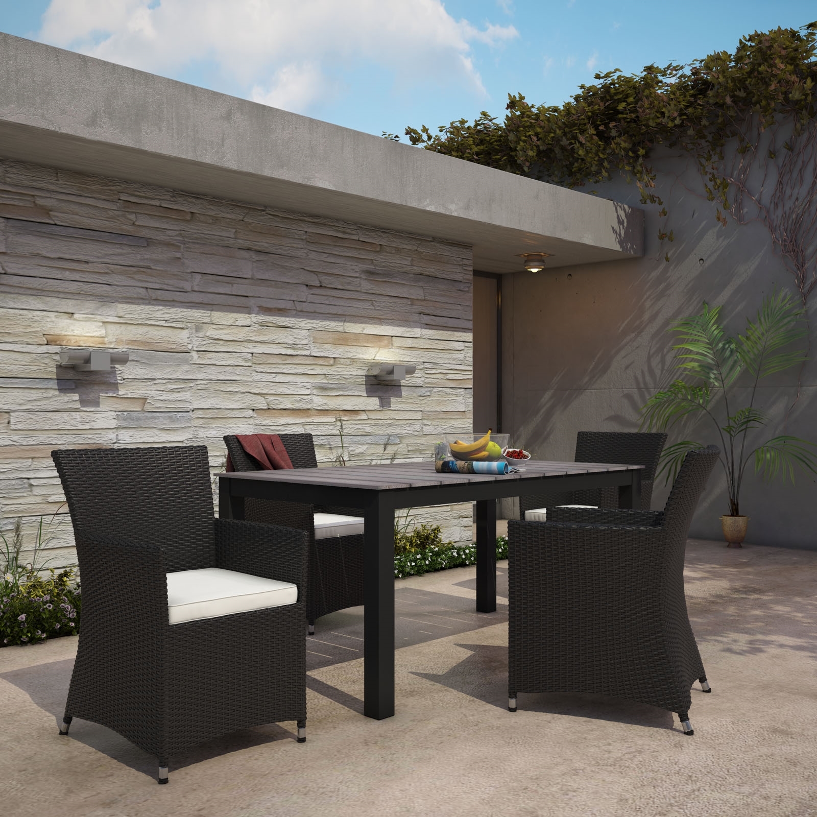 Junction 5 Piece Outdoor Patio Synthetic Rattan Wicker Dining Set, Brown/White by Modway Furniture