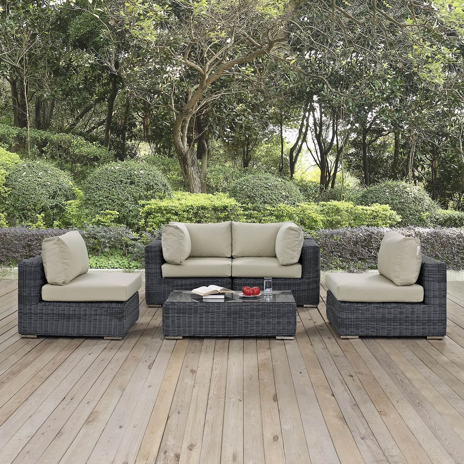 Summon 5-Pc Outdoor Patio Sunbrella/Synthetic Rattan Weave Sectional Set, Composition 2