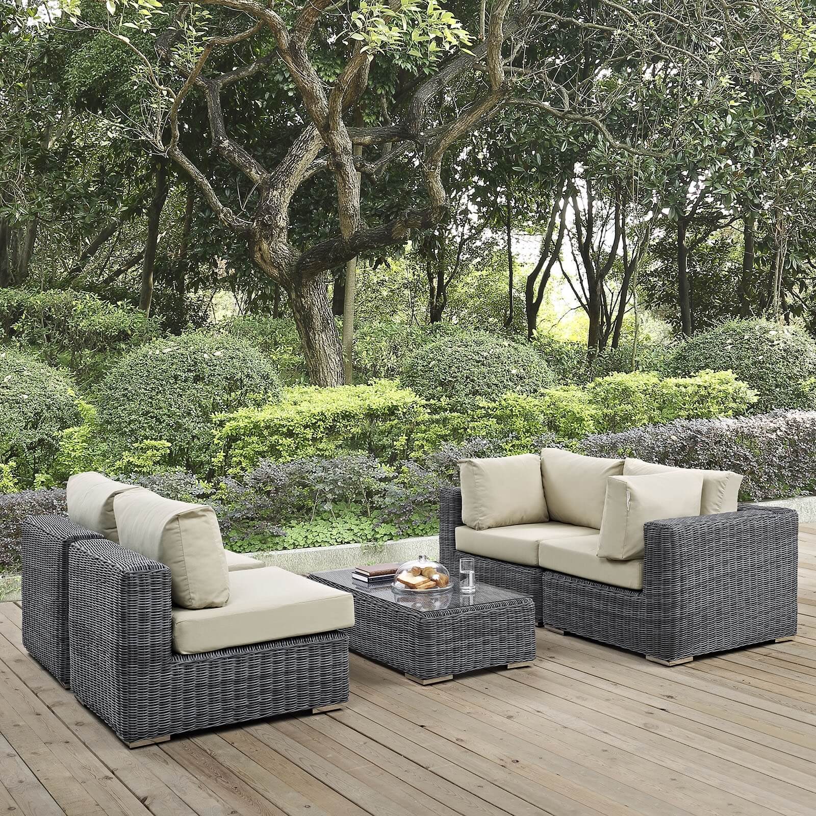 Summon 5-Pc Outdoor Patio Sunbrella/Synthetic Rattan Weave Sectional Set, Composition 2