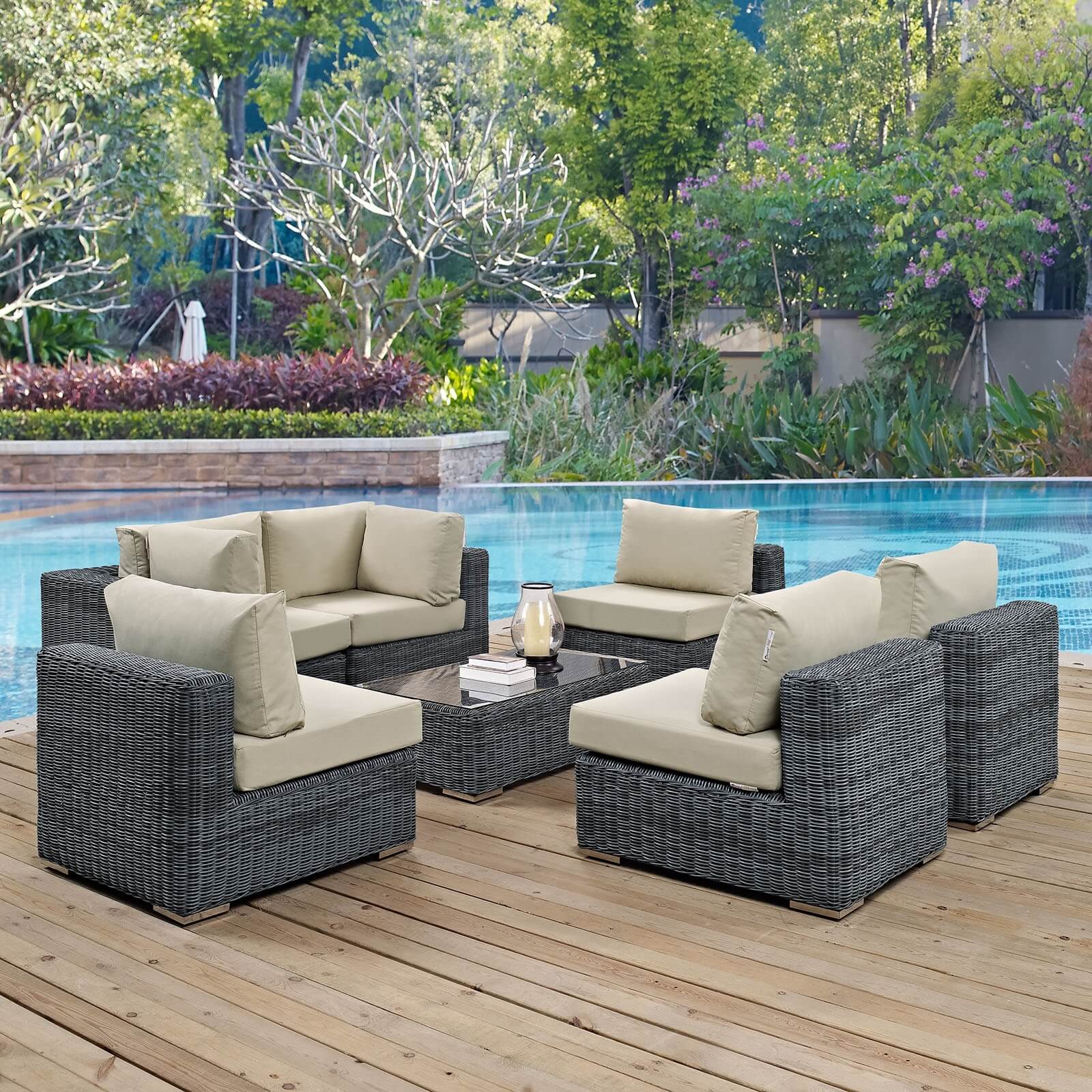 Summon 7-Pc Outdoor Patio Sunbrella/Synthetic Rattan Weave Sectional Set, Composition 2