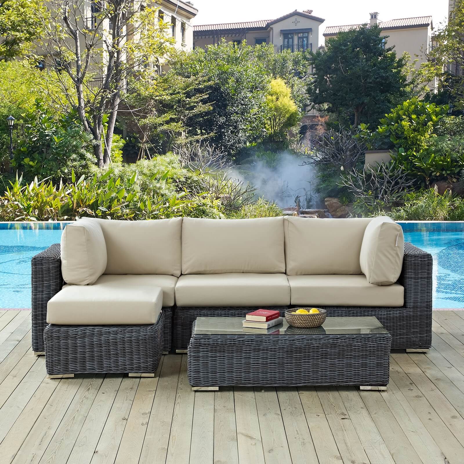 Summon 5-Pc Outdoor Patio Sunbrella/Synthetic Rattan Weave Sectional Set, Composition 3