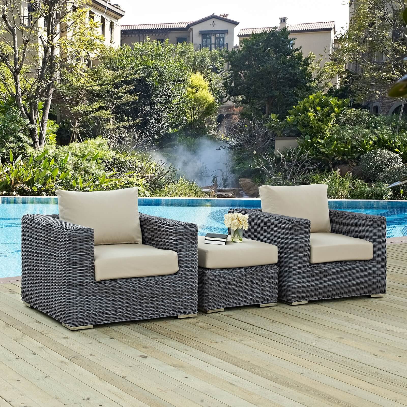 Summon 3-Pc Outdoor Patio Sunbrella/Synthetic Rattan Weave Sectional Set, Composition 2