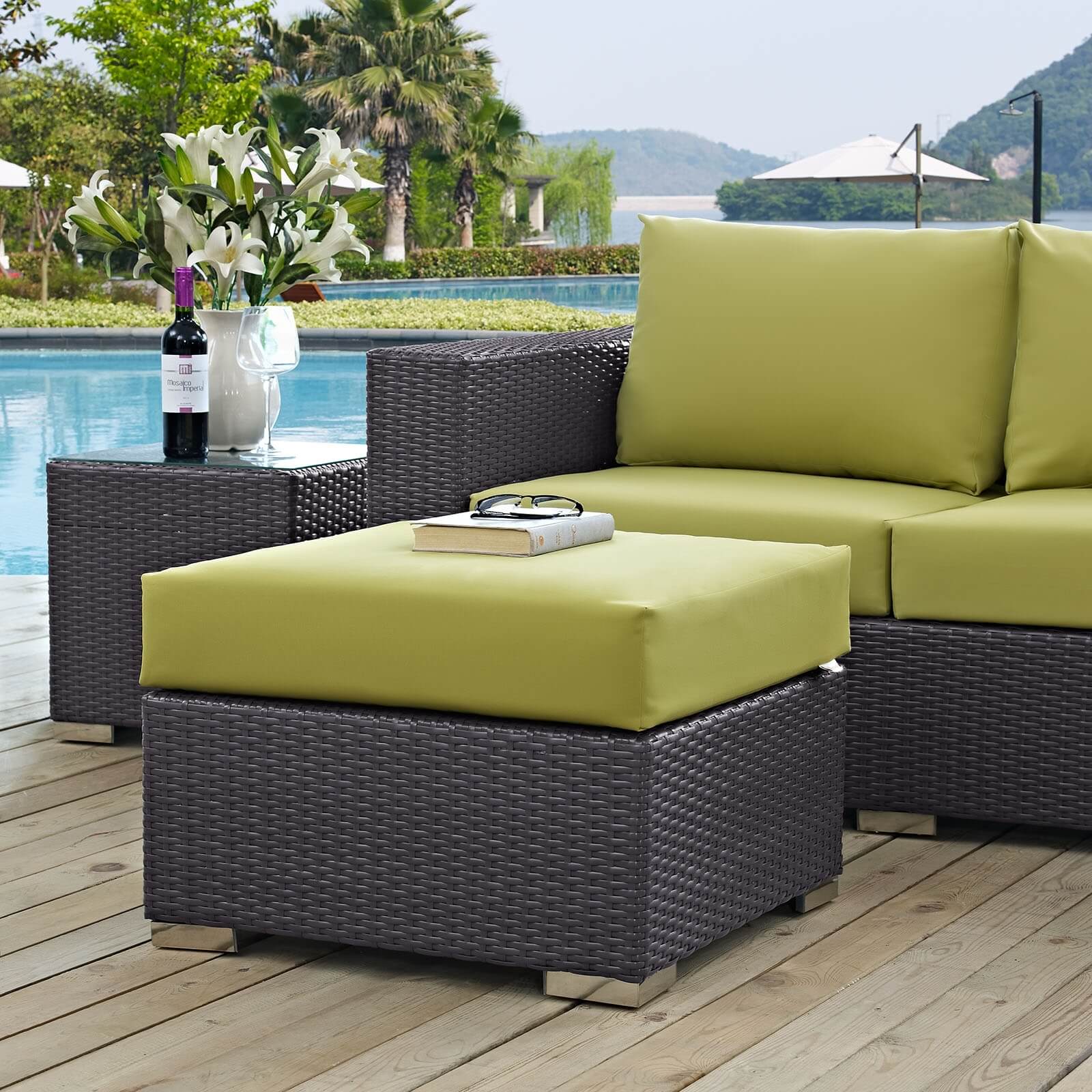 Convene Outdoor Patio Square Fabric/Synthetic Rattan Weave Ottoman