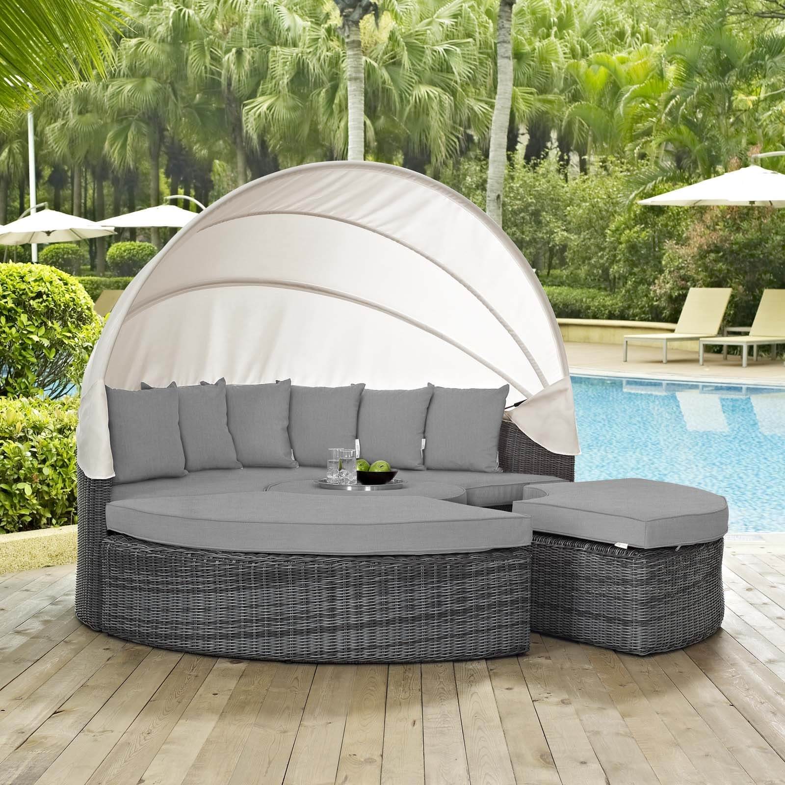 Summon Canopy Sunbrella/Synthetic Rattan Weave Outdoor Patio Daybed