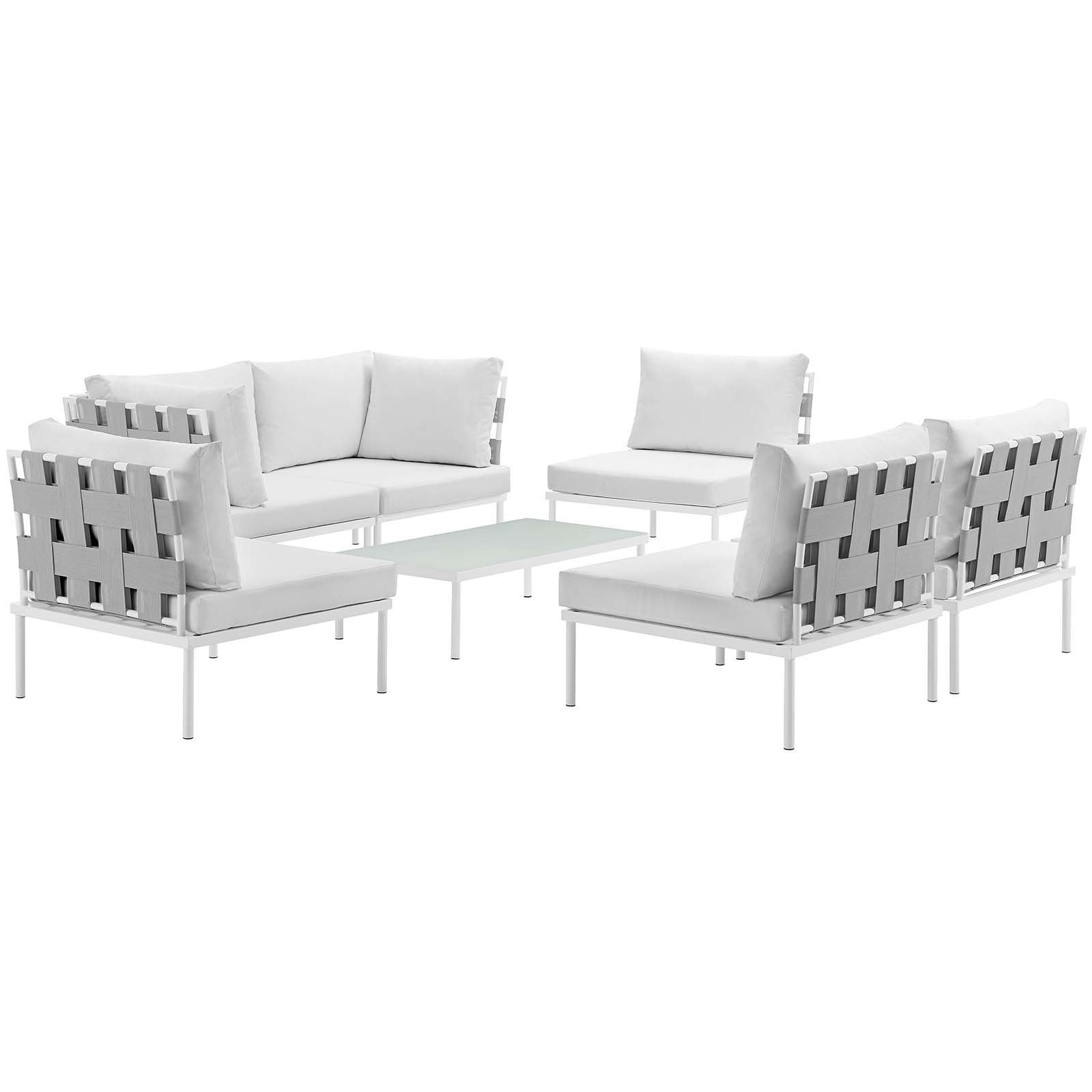 Modern Contemporary Urban Design Outdoor Patio Balcony Seven PCS Sectional Sofa Set, White, Rattan