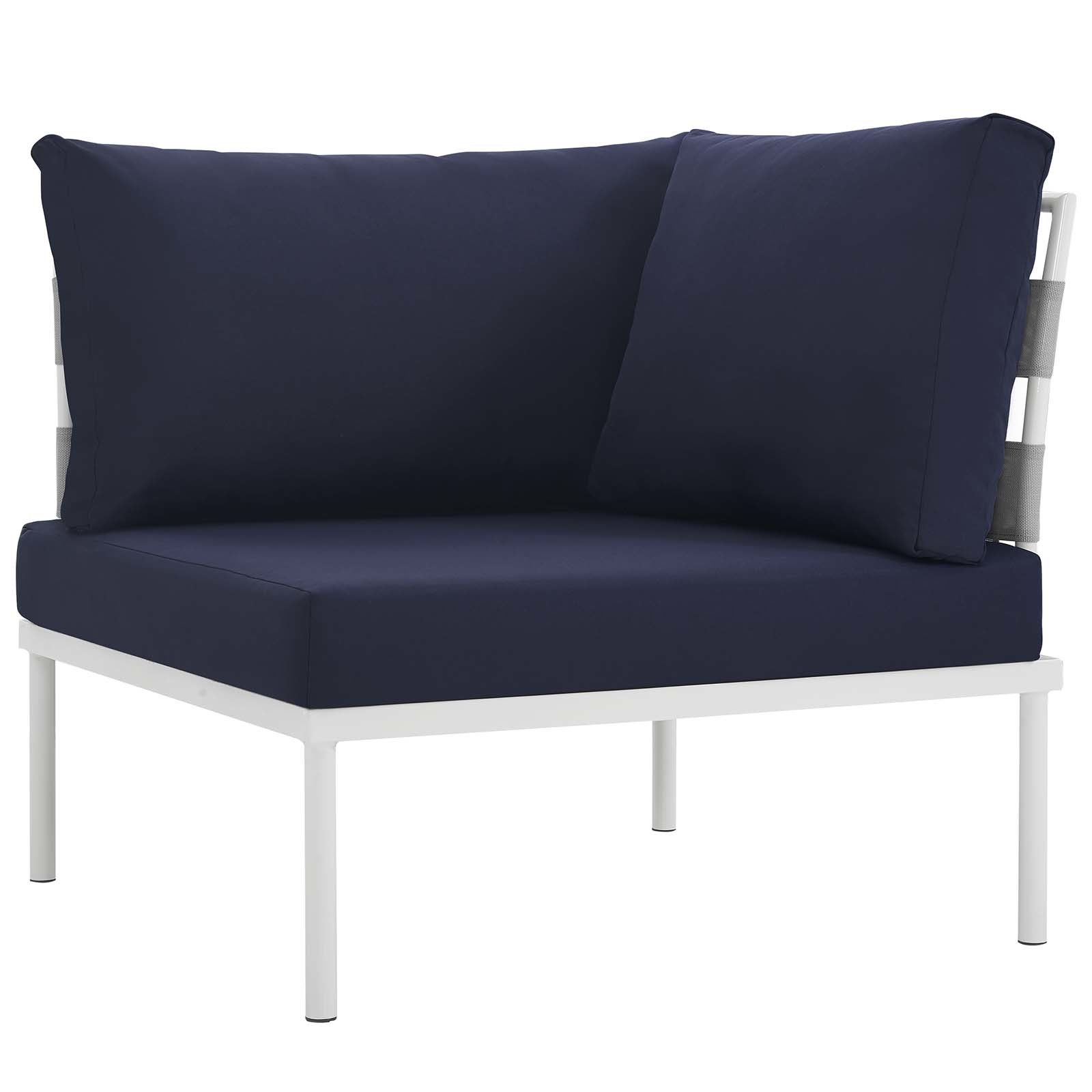 Modern Contemporary Urban Design Outdoor Patio Balcony Corner Sofa Chair, Navy Blue White, Rattan