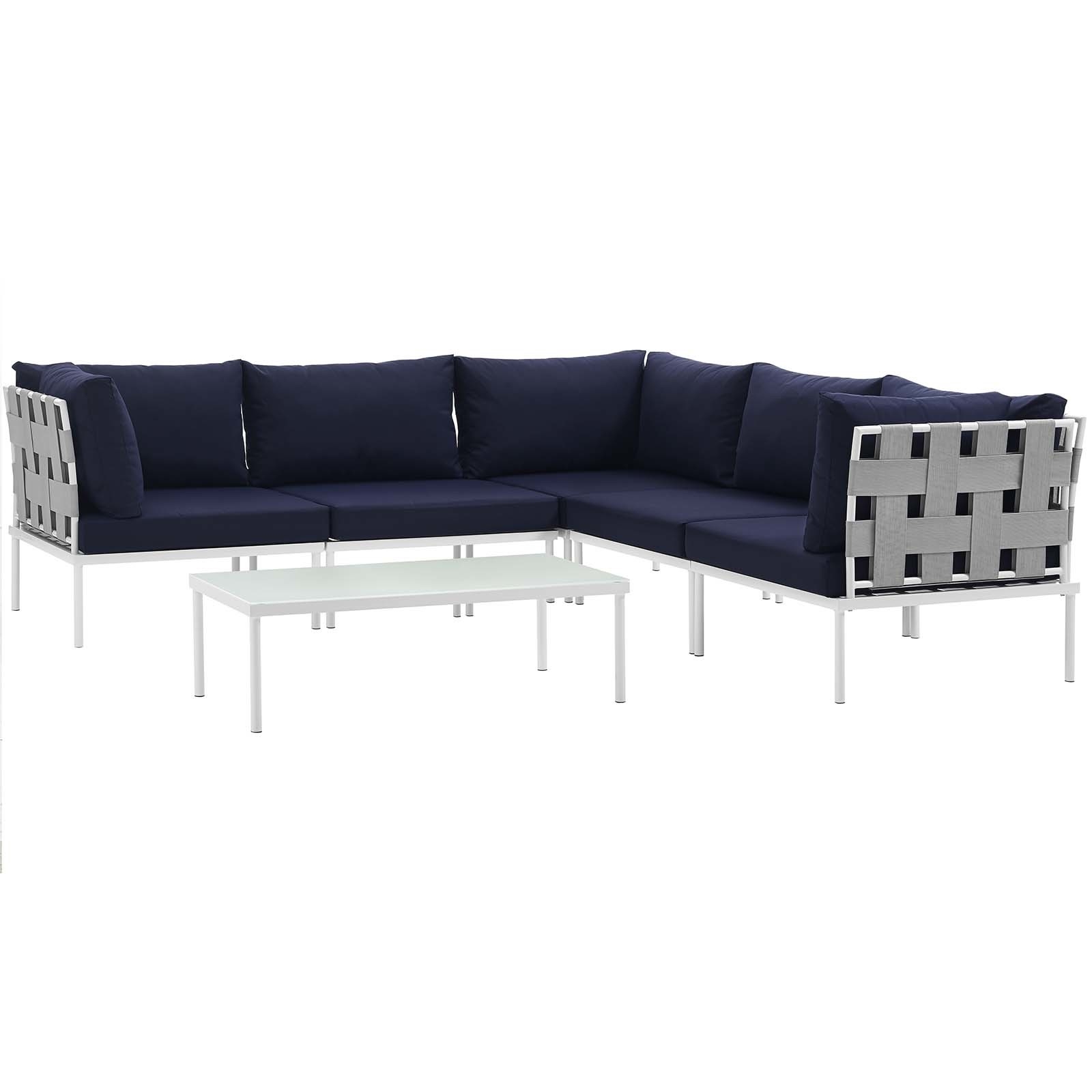 Modern Contemporary Urban Design Outdoor Patio Balcony Six PCS Sectional Sofa Set, Navy Blue White, Rattan