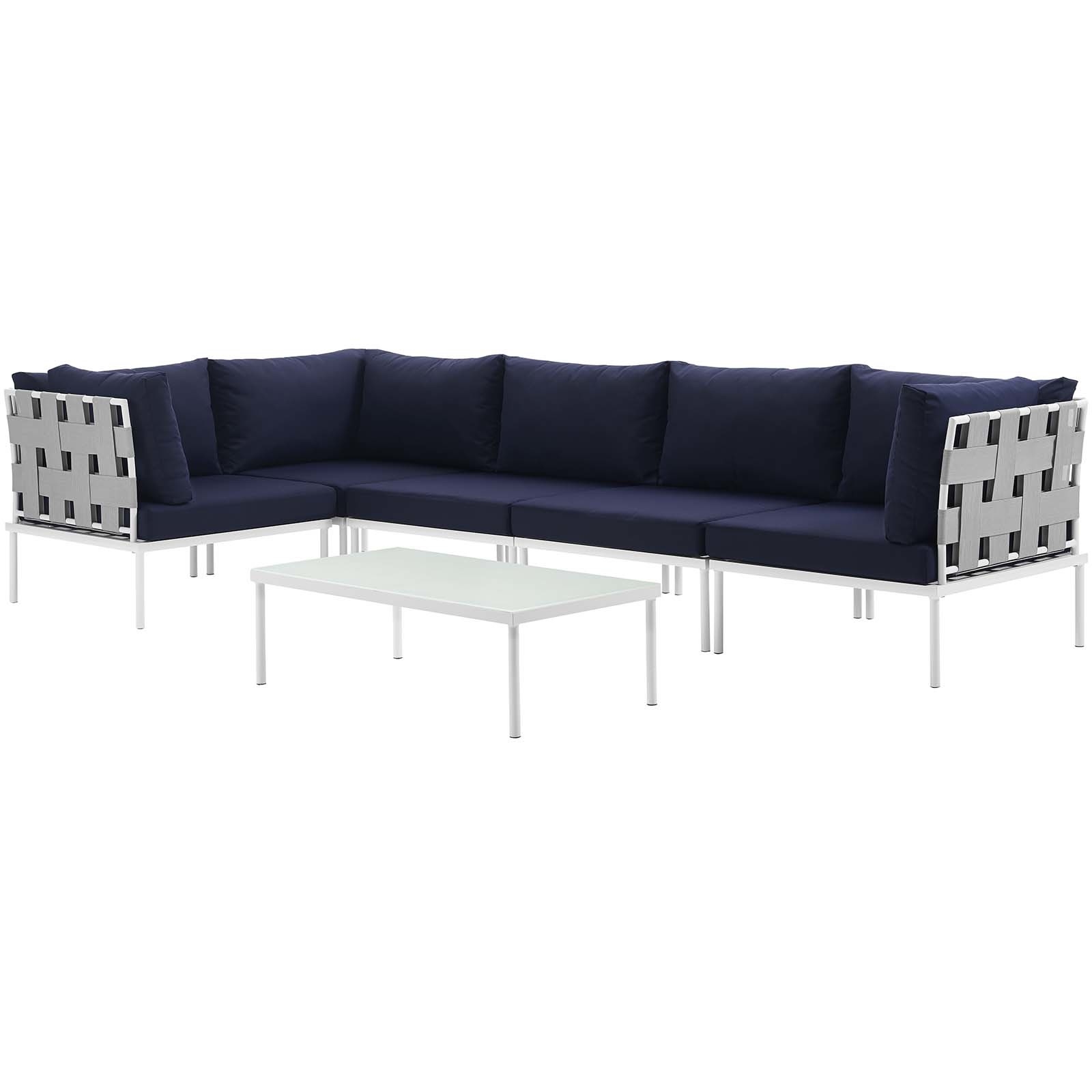 Modern Contemporary Urban Design Outdoor Patio Balcony Six PCS Sectional Sofa Set, Navy Blue White, Rattan